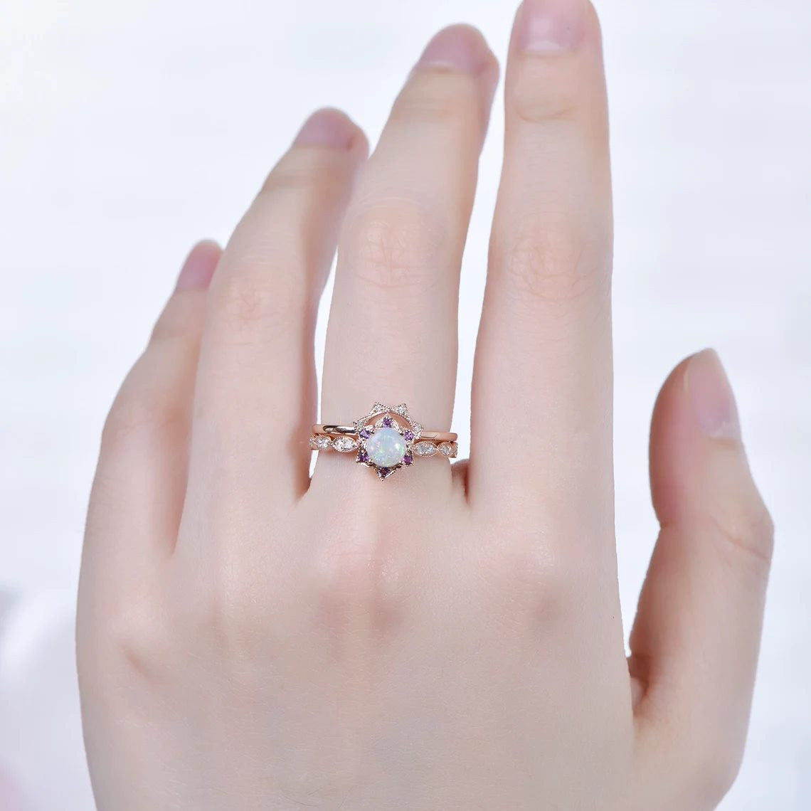 0.5 Carat Round Opal & Amethyst Wedding Ring Set - Dainty Halo Engagement Ring with Scalloped Band (2 Piece Set) - Perfect for Bridal Jewelry, Anniversary Gifts & Special Occasions