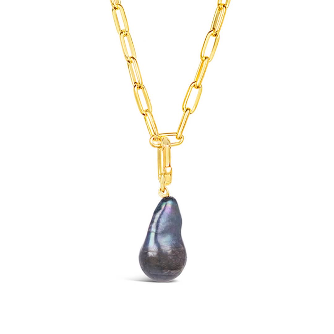 Elegant Black Baroque Pearl Paperclip Necklace in Gold - Perfect for Weddings, Parties & Evening Events