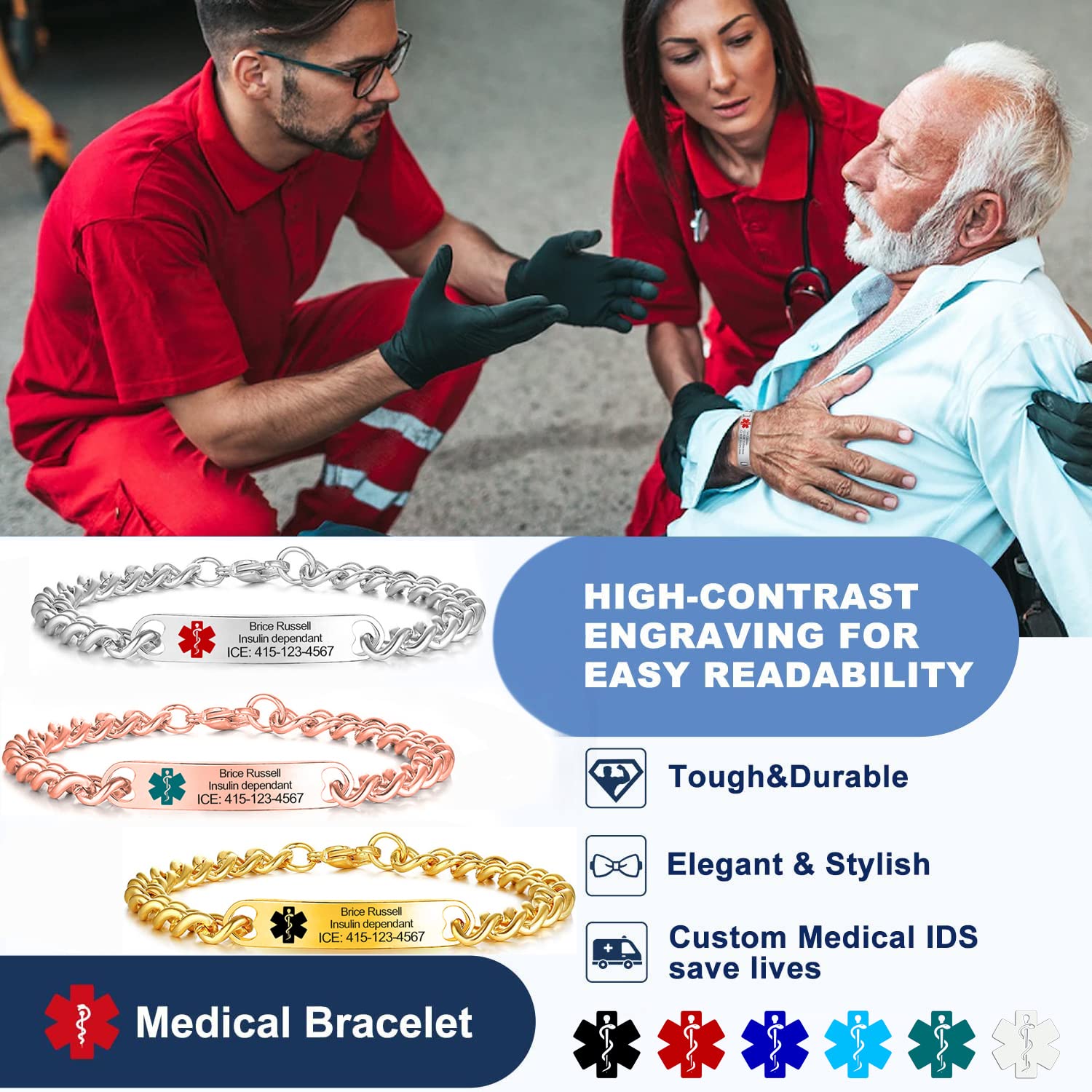 Custom Medical Alert Bracelets for Women, Men & Kids - 8mm Large Cuban Chain Personalized Medical ID Bracelet - Gold/Silver/Black Options - Ideal for Emergency Situations, Daily Wear & Gift for Mom, Dad, Grandparents & Loved Ones