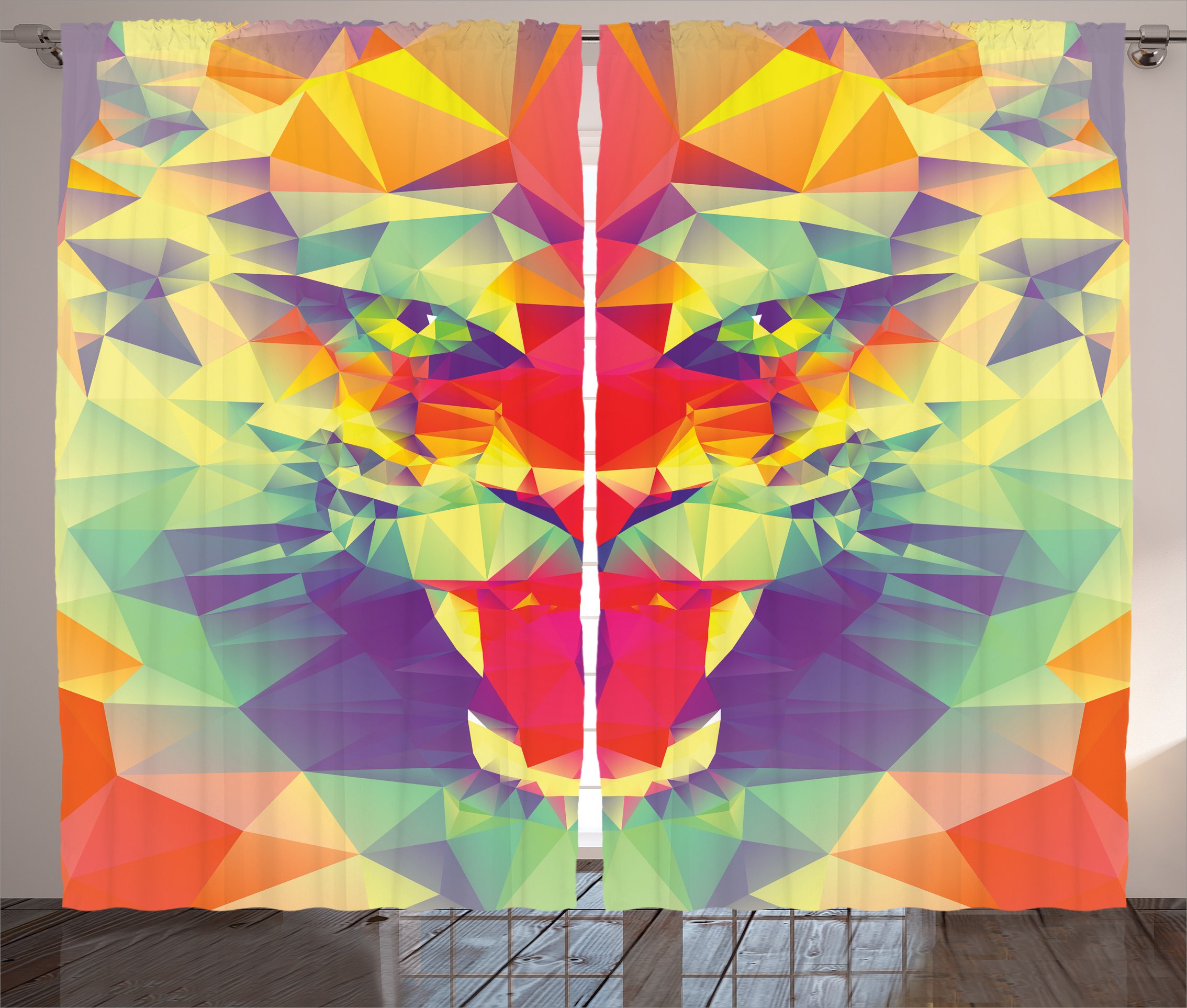 Ambesonne Savannah Curtains - Geometric Lion Face Polygonal Design with Exotic Jungle Theme, Multicolor Window Drapes for Living Room & Bedroom (2 Panels, 108