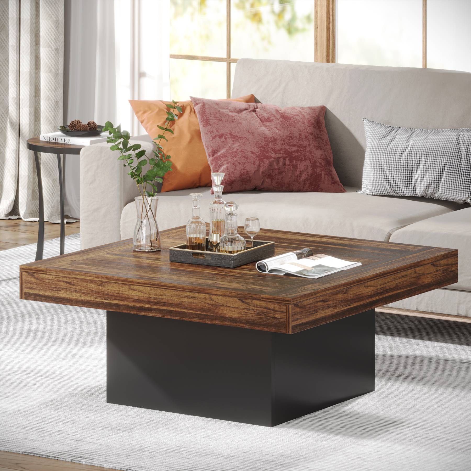 Modern Square Coffee Table with LED Lights - Rustic Farmhouse Wood Cocktail Table for Living Room, Lounge & Home Decor