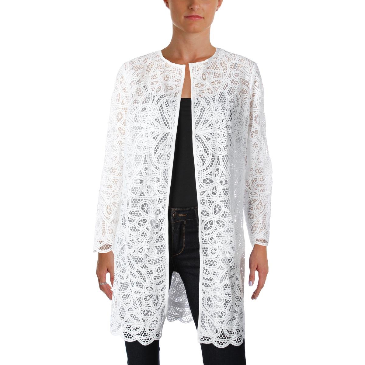 Lauren Ralph Lauren Women's Petites Lace Open Front Duster Top in White - Elegant Lace Cardigan for Casual Outfits & Office Wear