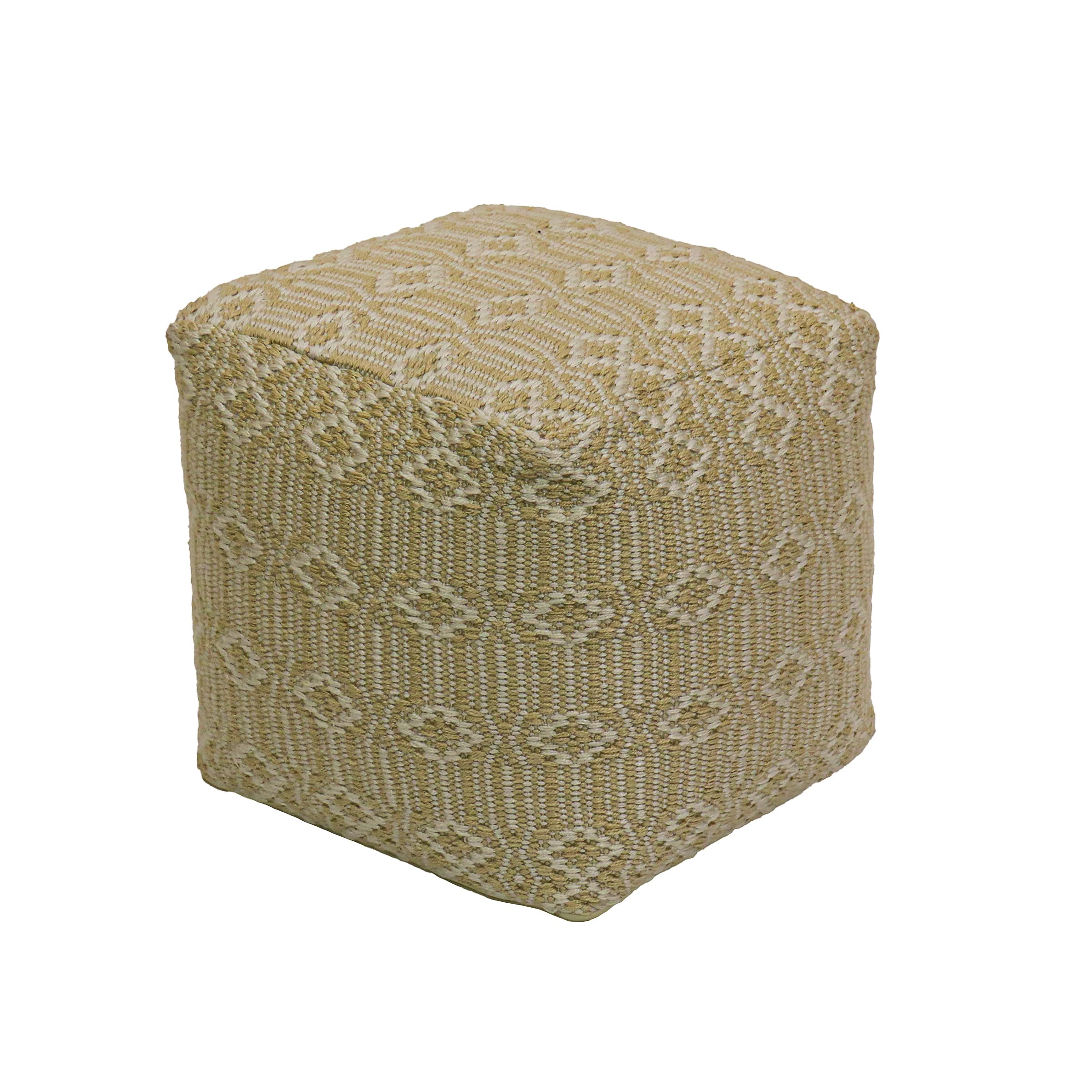 Hand Woven Patterned Pouf Ottoman - 16 Inch Round Footstool, Sandy Beige Boho Chic Floor Cushion for Living Room, Bedroom & Nursery Decor