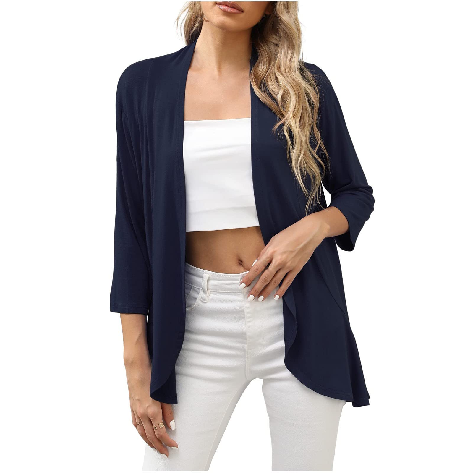 Women's Lightweight 3/4 Sleeve Open Front Cardigan - Summer Casual Solid Color Blouse Tops | Perfect for Office Wear, Beach Cover-Up & Everyday Outfits