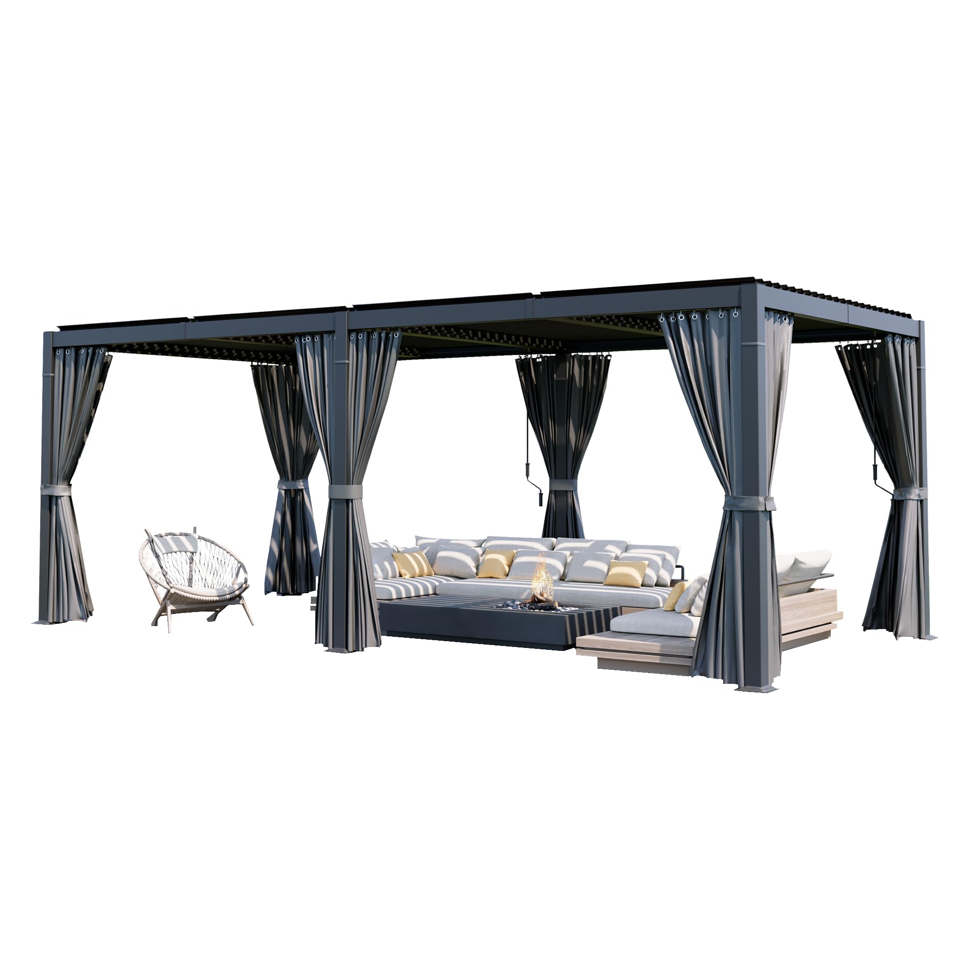 HAPPATIO 10x20 FT Outdoor Louvered Pergola with Adjustable Rainproof Roof - Aluminum Metal Frame, Includes Curtains & Mosquito Net - Perfect for Patio, Backyard, Deck, Garden (Gray) | Ideal for Outdoor Dining, Relaxation & Entertaining