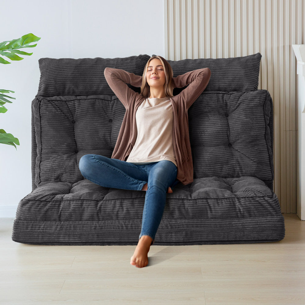MAXYOYO Tufted Bean Bag Sofa Bed with Pillows - Foldable Floor Couch for Living Room, Bedroom & Dorm - Dark Grey - Perfect for Lounging, Gaming & Relaxation