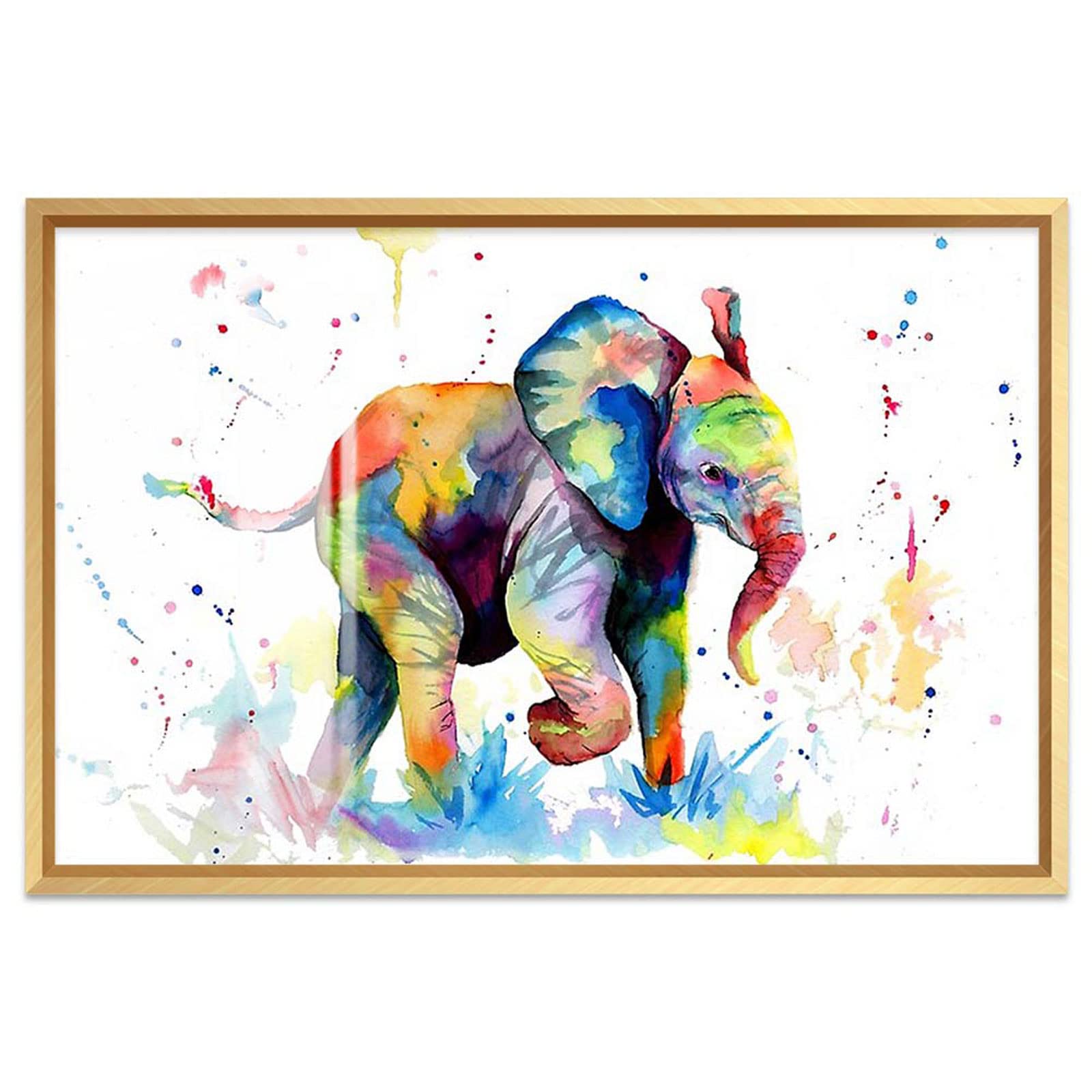 Henok Gold Aluminum Framed Canvas Print - Multicolor Baby Elephant Oil Painting Artwork (12x18in/30x45cm) for Office, Bedroom & Living Room Decor - Perfect for Nursery, Kids Room & Modern Home Wall Art