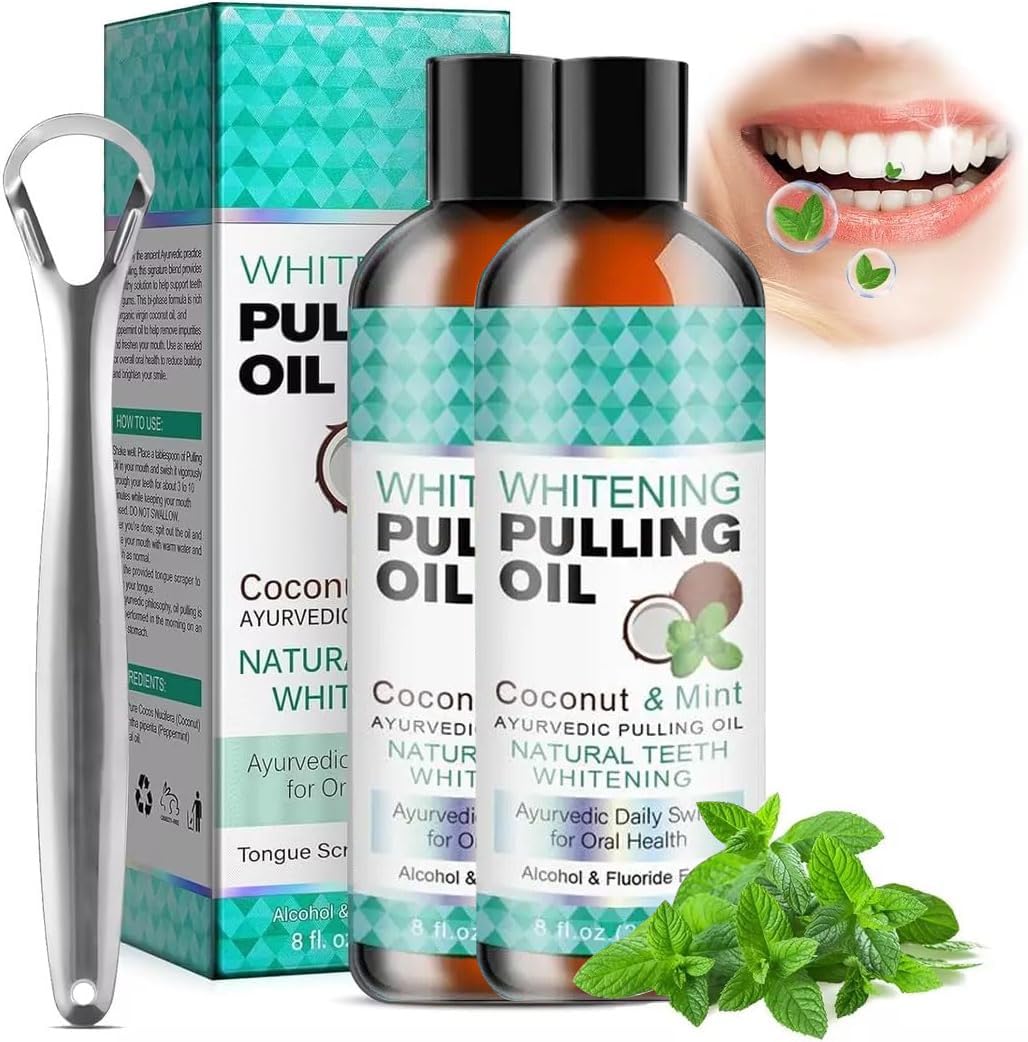 Natural Teeth Whitening Mouthwash with Coconut & Peppermint Oil - Ayurvedic Oil Pulling Oral Rinse for Fresh Breath & Stain Removal - 237ml (2 Pack) - Perfect for Morning Routine & Oral Hygiene Care