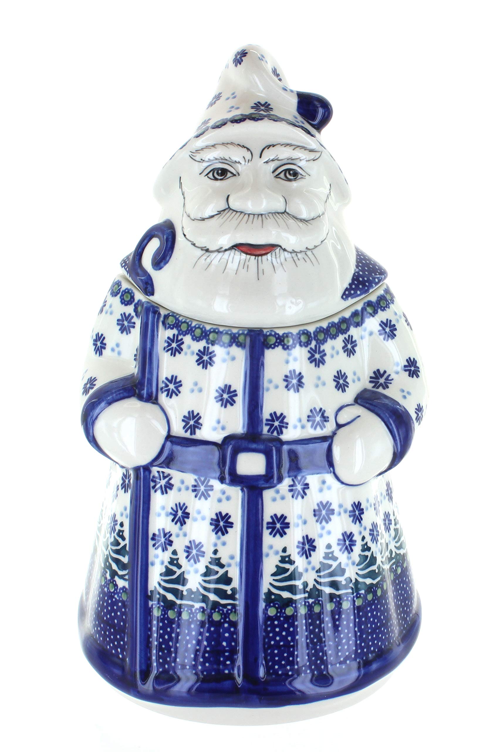 Handmade Blue Rose Polish Pottery Santa Cookie Jar - Festive Christmas Holiday Decor for Kitchen, Dining Room & Gift Giving