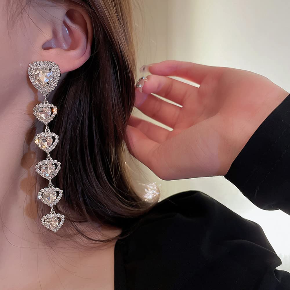 Jumwrit Rhinestone Heart Dangle Earrings - Long Chandelier Drop Earrings for Women, Silver Love Heart Stud Earrings - Perfect for Valentine's Day, Date Night & Special Occasions