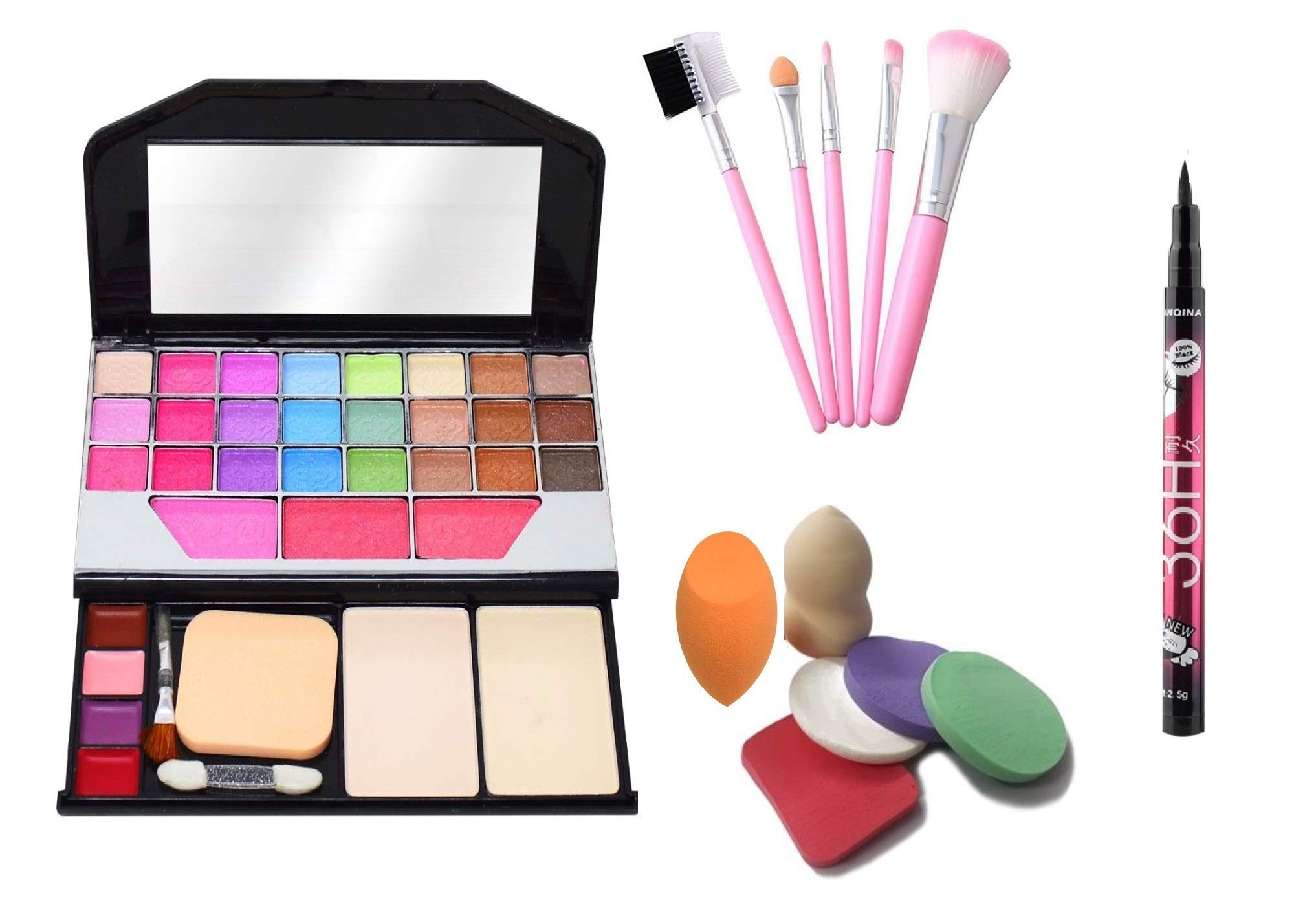 DATNASAYAD Professional Makeup Kit with 5-Piece Brushes, 36-Hour Longwear Eyeliner & 6-Piece Blending Sponges Set - Multicolor for Daily Makeup, Party & Special Occasions