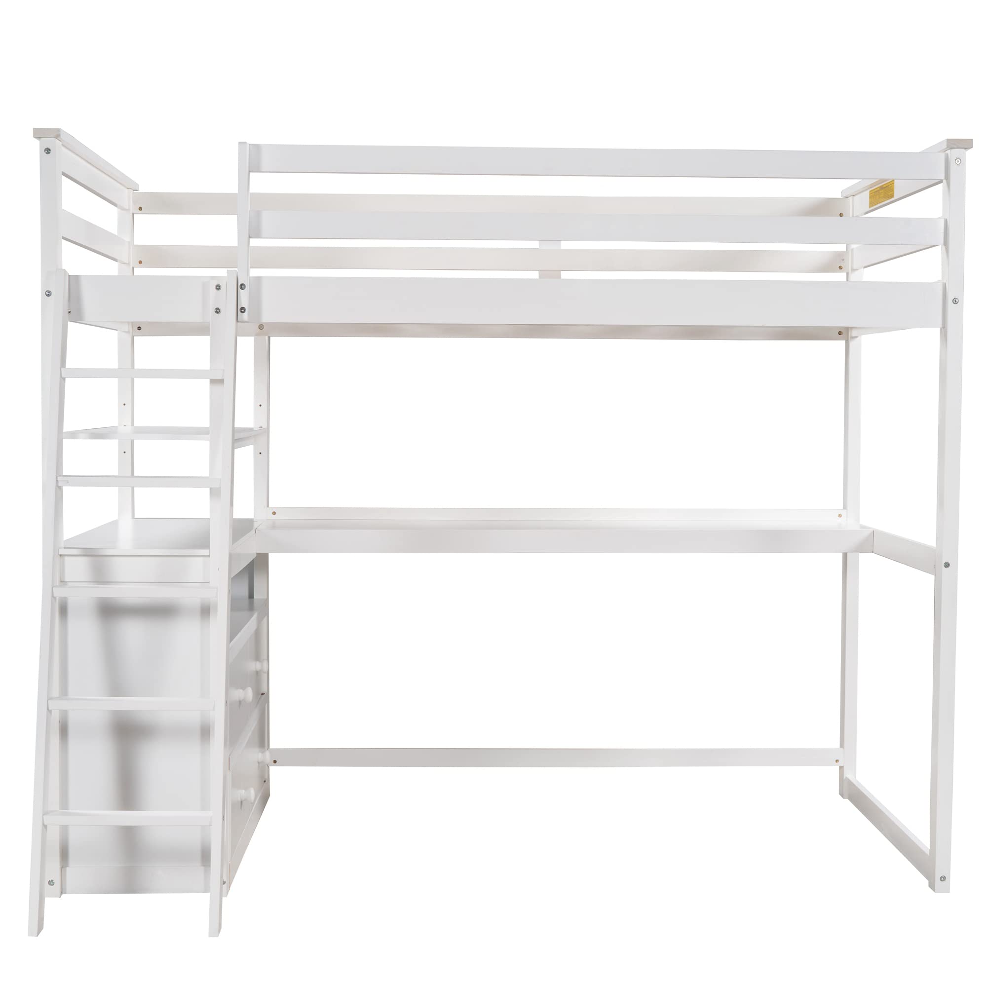 Twin Size Wood Loft Bed with Desk, Shelves & Storage Drawers - Sturdy Study Bed Frame for Kids, Teens & Adults - Perfect for Small Bedrooms, Dorm Rooms & Home Offices (White)
