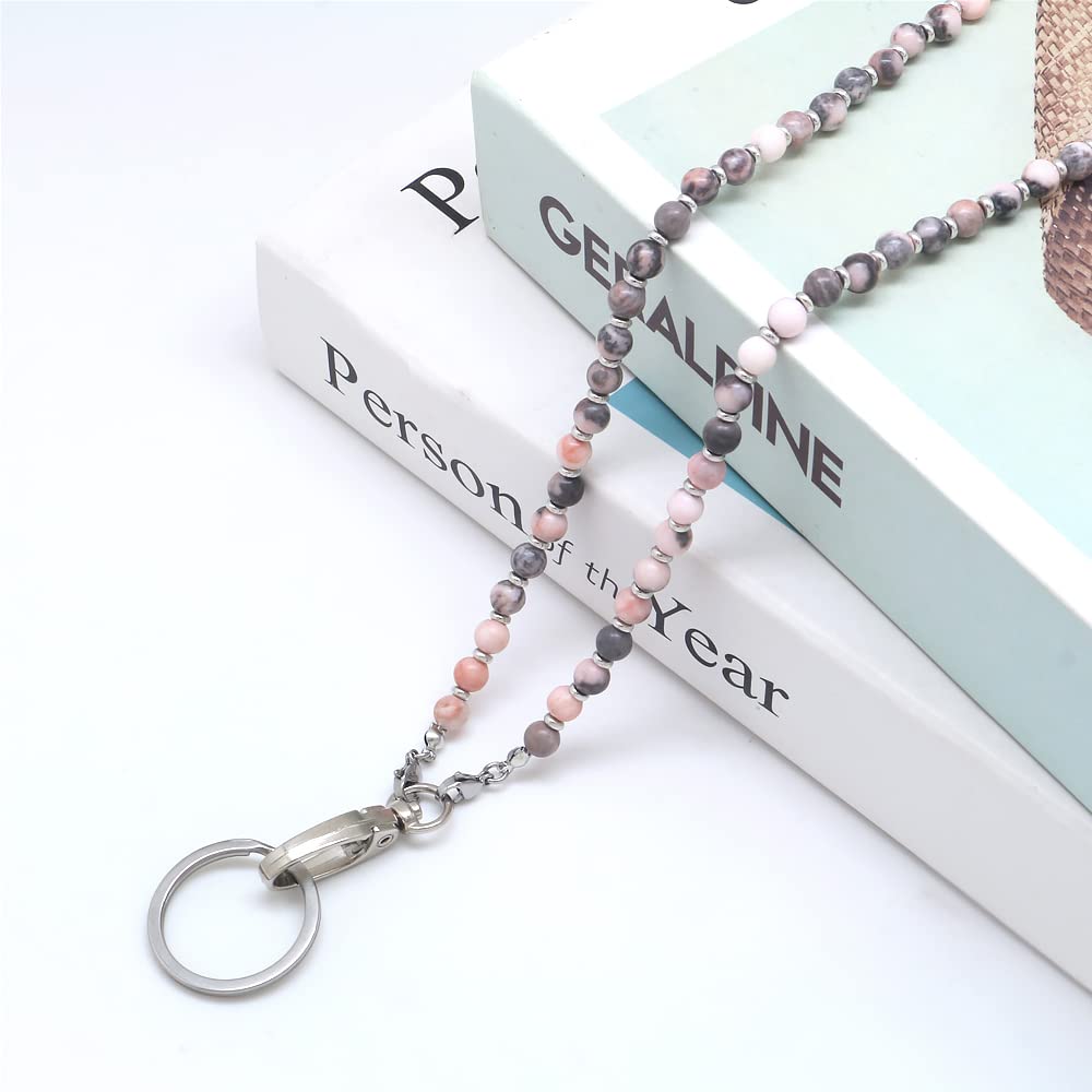 Beaded Lanyard for Women - ID Badge Holder & Glasses Strap (Pink Zebra Jasper) - Perfect for Teachers & Office Use