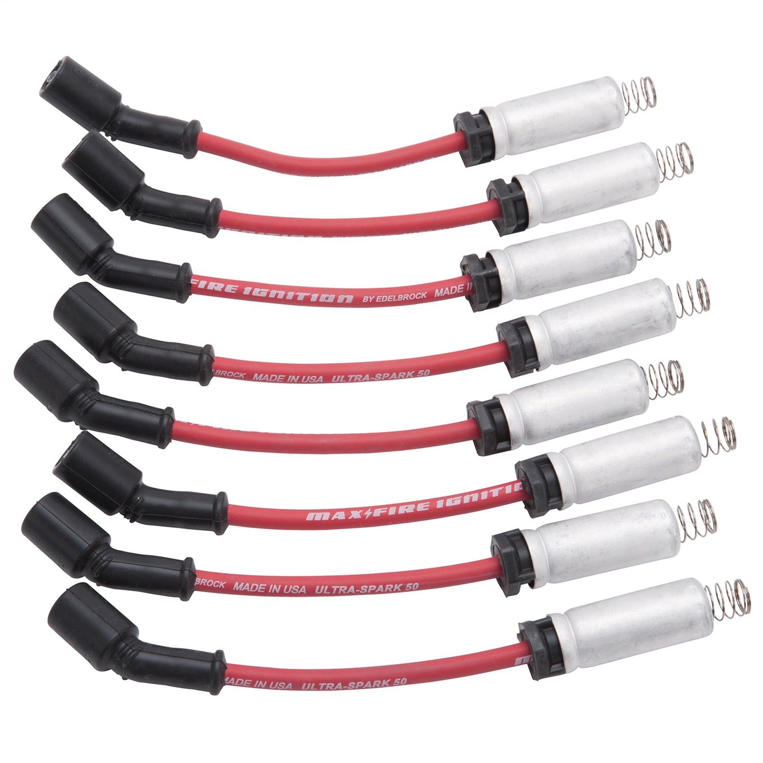 Edelbrock 22715 Spark Plug Set for LS Engines (1999-2015) - 8pc Kit with 50 Ohm Resistance Red Wires & Metal Sleeves | High Performance Ignition Upgrade for Chevy, GMC, Cadillac Vehicles | Ideal for Racing, Tuning & Engine Maintenance