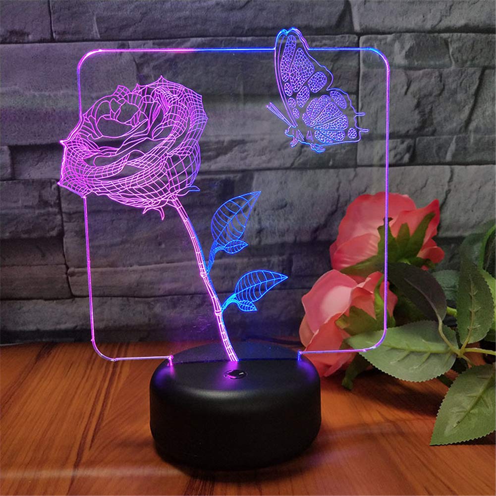 3D LED Gradient Rose Butterfly Table Lamp - 7 Color Changing Night Light with Touch Button, Acrylic Home Decor for Bedroom, Living Room | Romantic Gift for Valentine's Day, Anniversary & Home Decoration