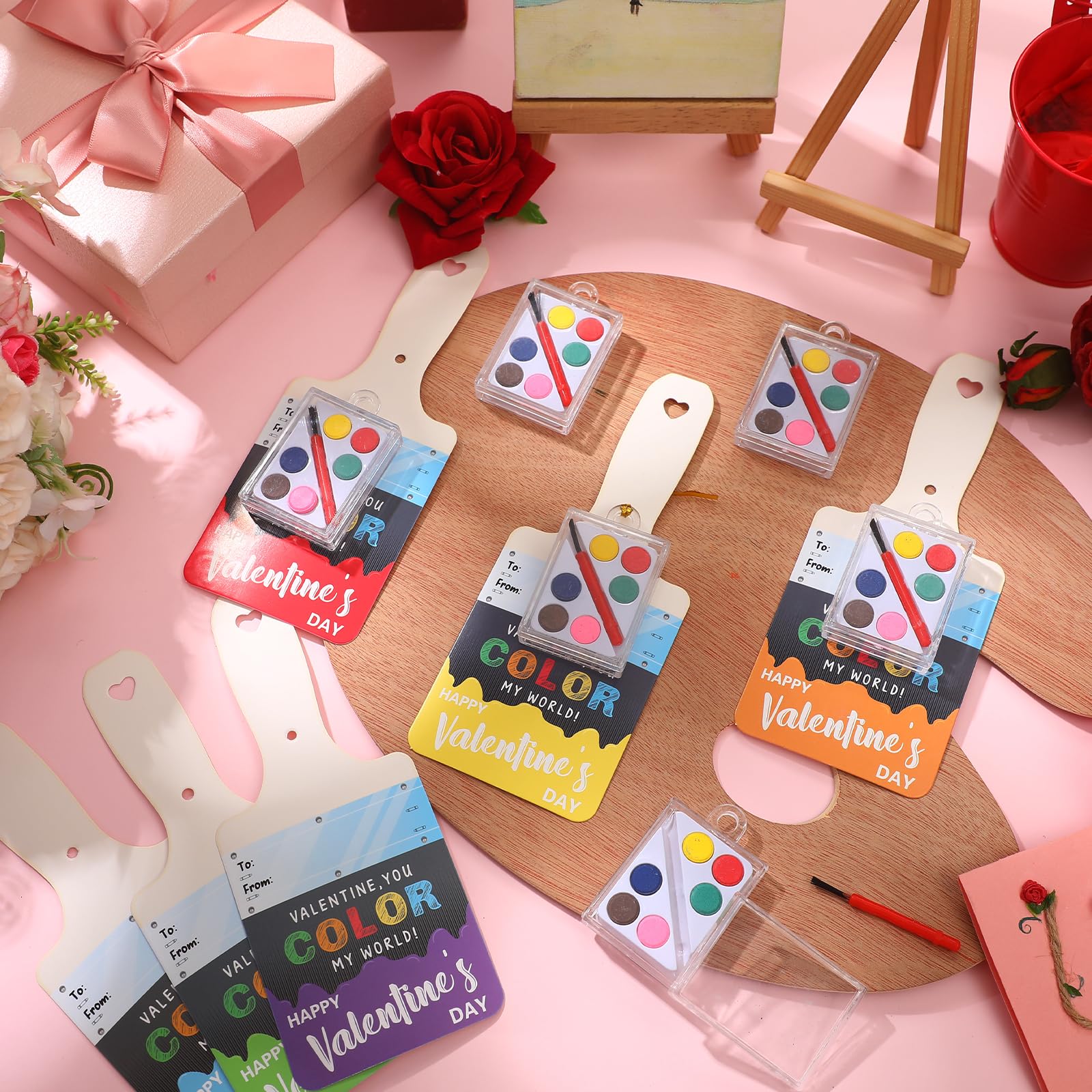 24 Pack Watercolor Paint Set with Valentine's Cards - 72 Piece Art Kit for Kids Classroom Gift Exchange, DIY Painting, Party Favors & Holiday Crafts (Includes 24 Watercolors, 24 Cards & 24 Gold Foil Ropes)