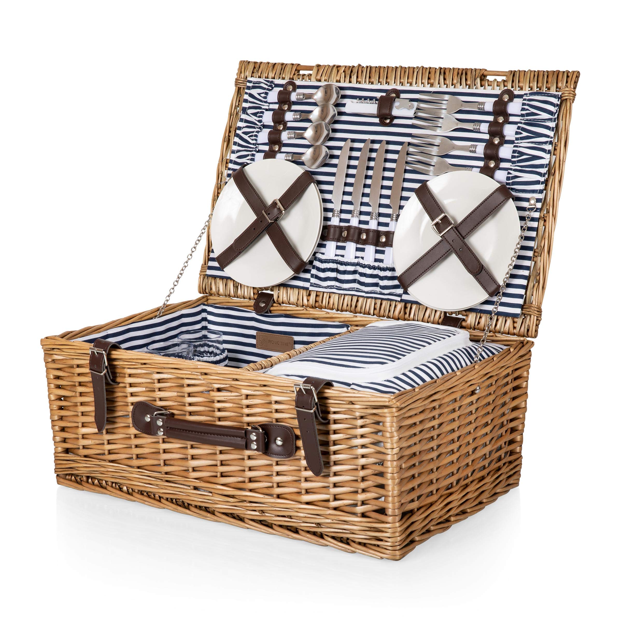 PICNIC TIME Belmont 4-Person Wicker Picnic Basket Set - Navy Blue & White Stripes Picnic Hamper with Complete Accessories | Perfect for Outdoor Dining, Beach Trips & Romantic Picnic Dates
