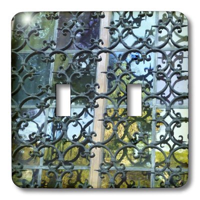 3D Rose Wrought Iron and Stained Glass Double Toggle Switch Plate Cover - Decorative Wall Plate for Home, Bedroom, Bathroom, and Office Decor