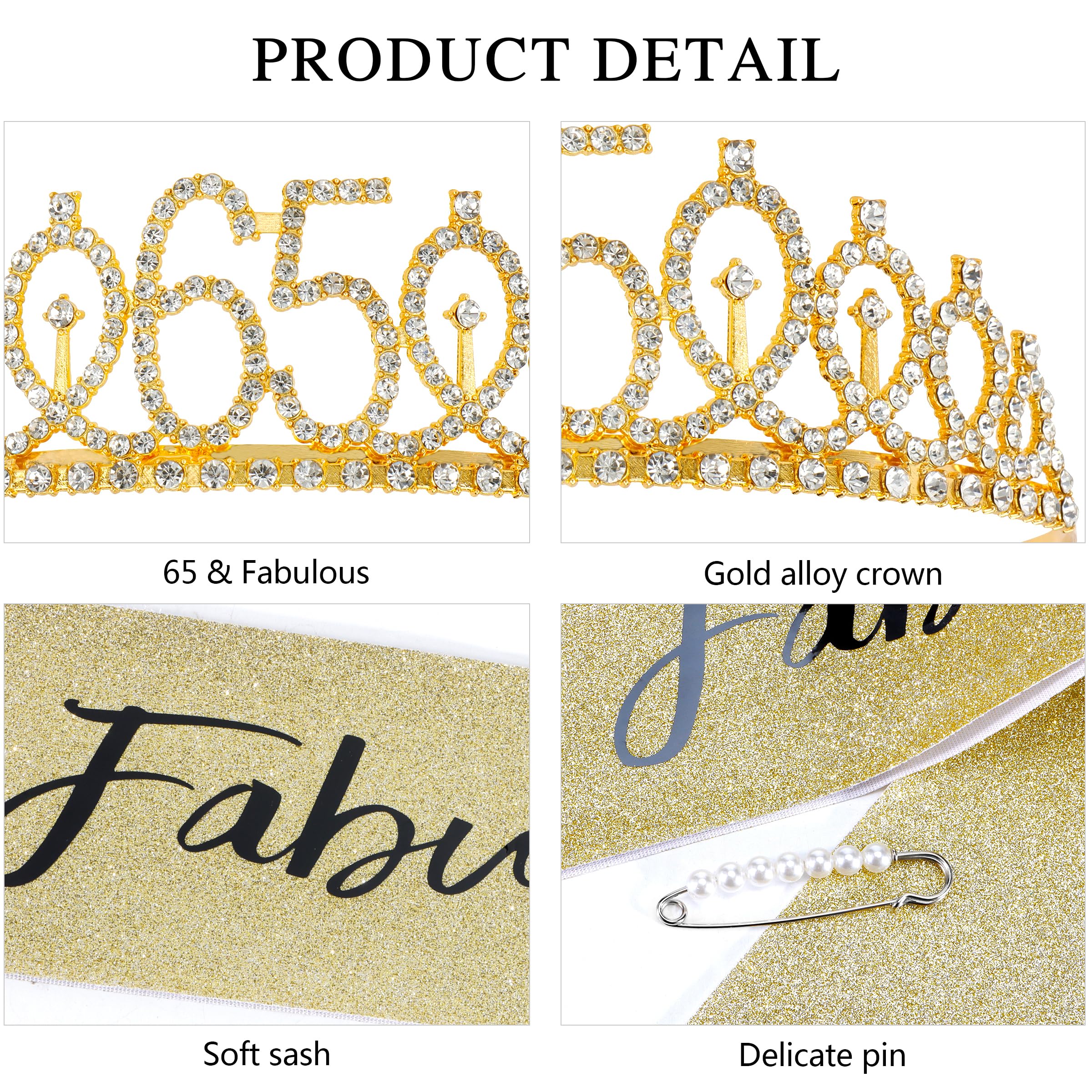 65th Birthday Sash & Tiara Set - Gold Rhinestone Crown & 