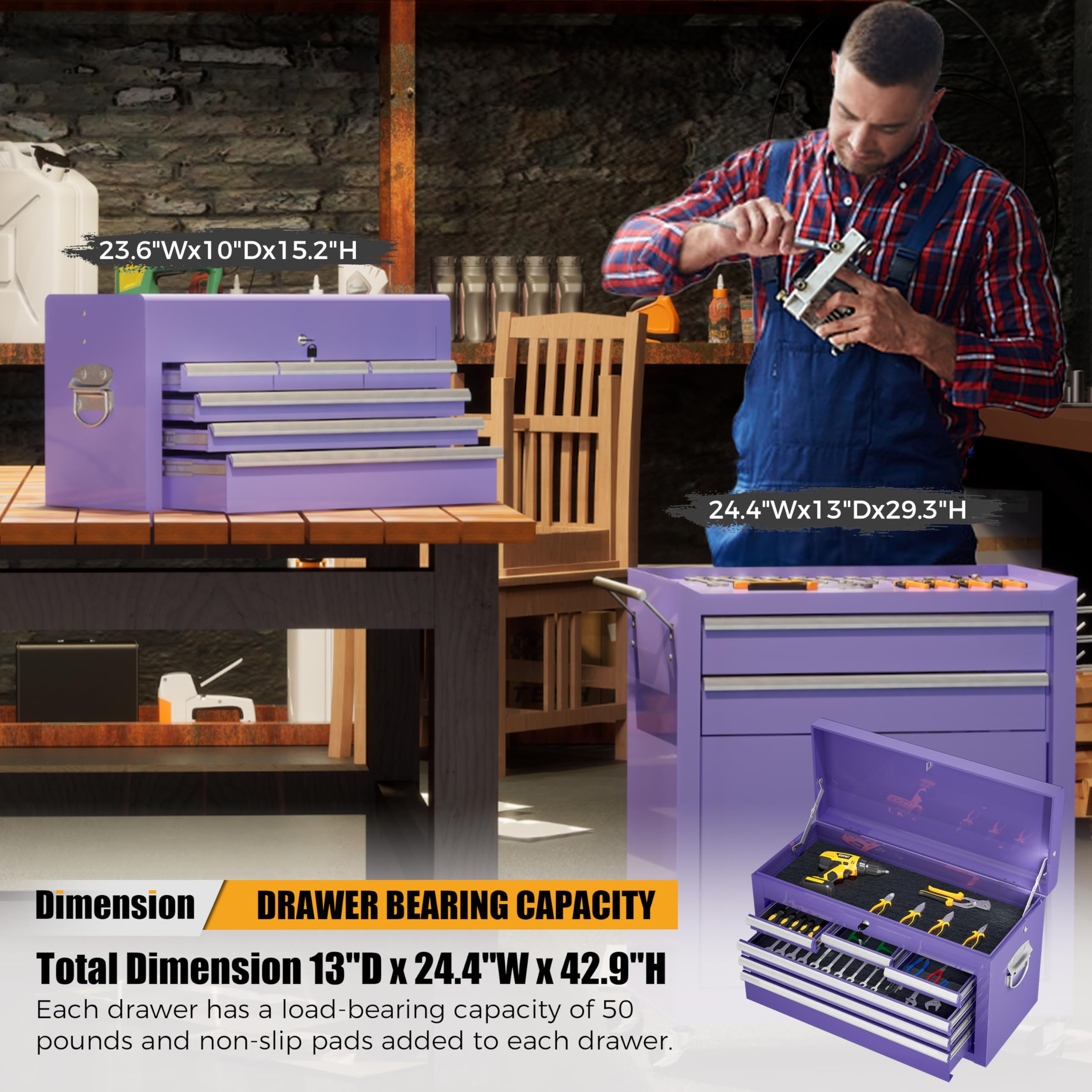 8-Drawer Rolling Tool Chest with Wheels - Detachable Metal Tool Cabinet with Locking Top Tool Box for Garage, Workshop & Auto Repair | Heavy-Duty Storage for Tools & Equipment (Purple)