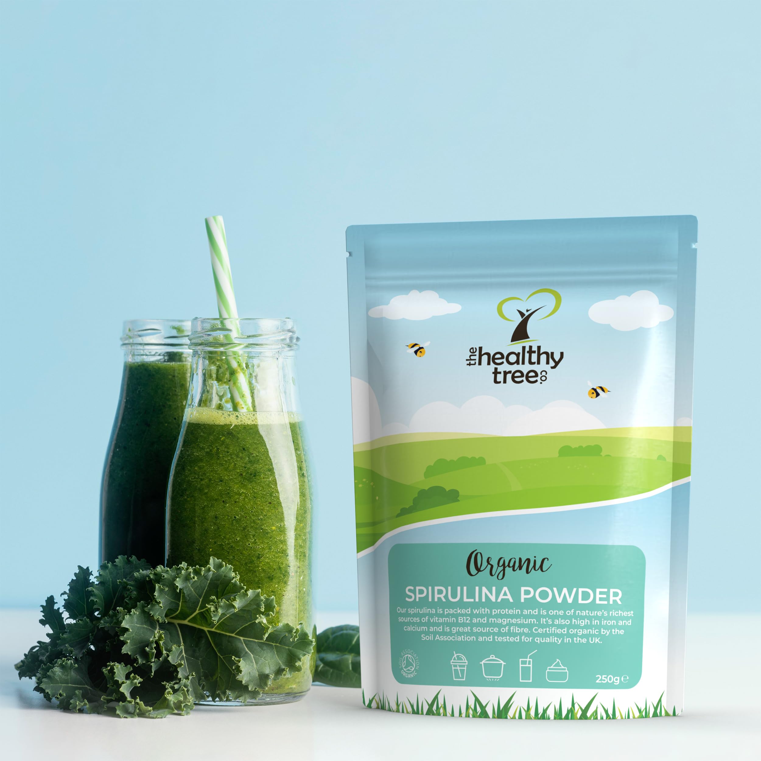 Organic Spirulina Powder by TheHealthyTree Company - Vegan Superfood for Smoothies & Juices | Rich in Vitamin B12, Protein, Iron & Calcium | UK Certified Pure Spirulina Supplement (250g) | Perfect for Detox, Energy Boosts & Healthy Lifestyle