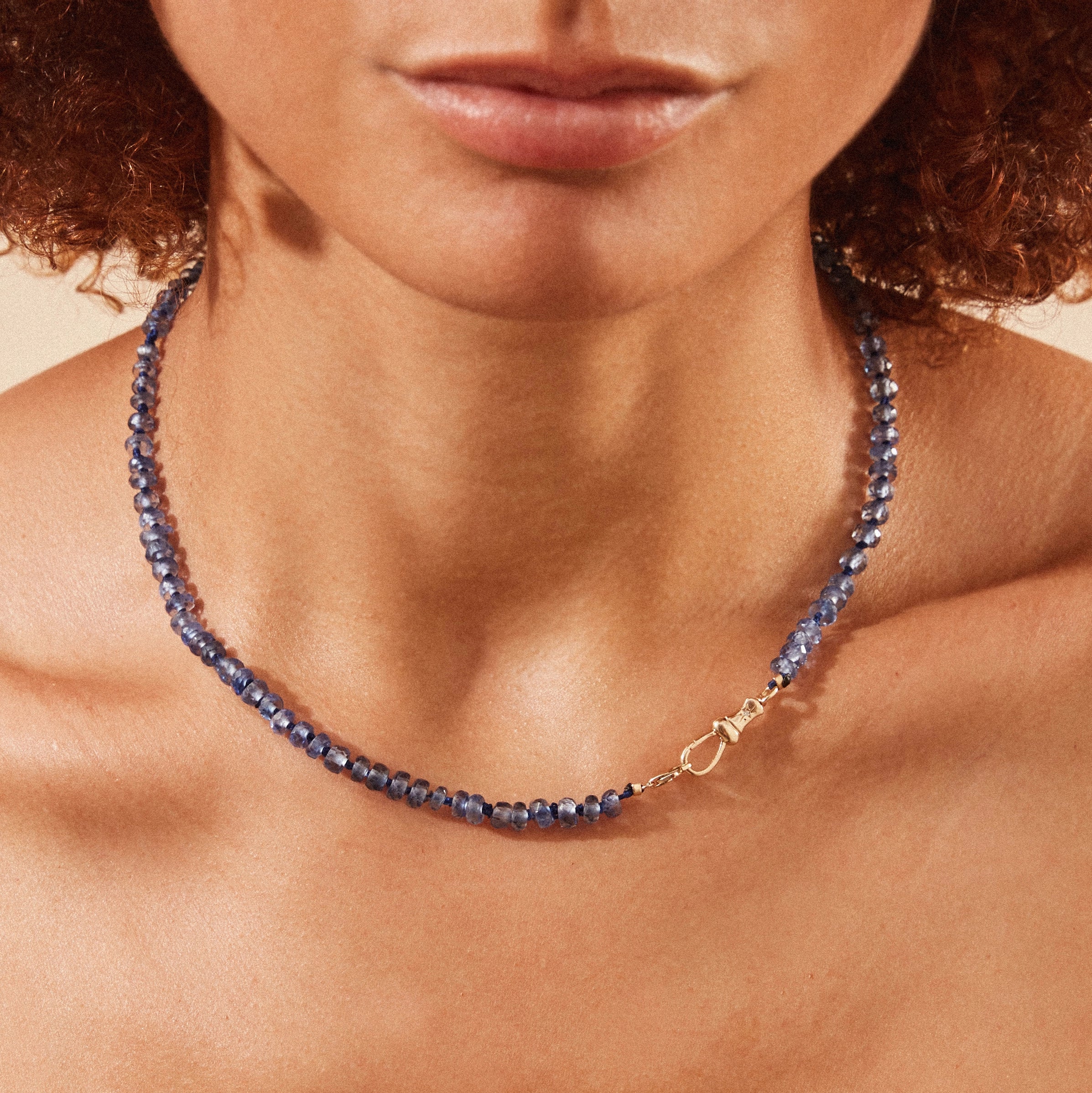 10K Yellow Gold Kyanite Beaded Mood Necklace - Elegant Healing Crystal Jewelry for Stress Relief & Positive Energy