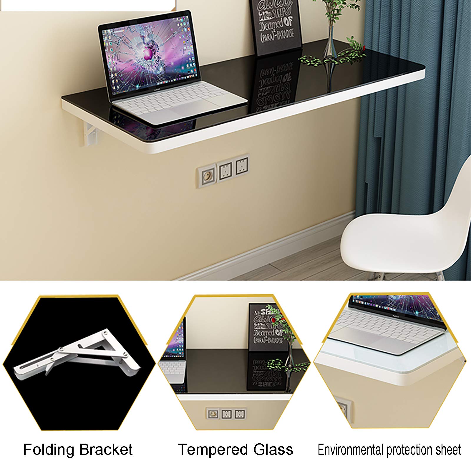 Tempered Glass Wall Mounted Folding Table - White Marble Drop Leaf Desk for Home Office, Kitchen, Dining & Bar | Space-Saving Floating Writing & Computer Desk for Small Spaces