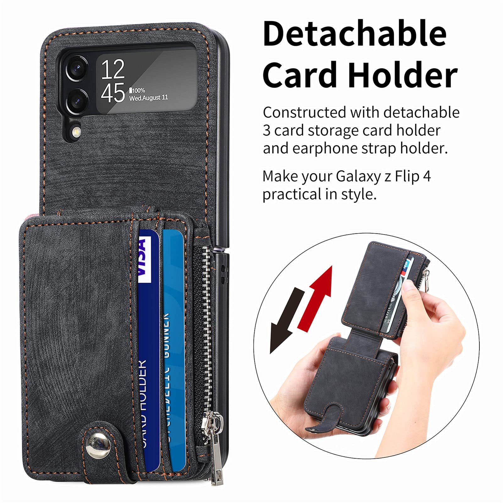 Premium Leather Wallet Case for Samsung Galaxy Z Flip 4 - Detachable Card Holder, Magnetic Kickstand & Shockproof Design | Slim Minimalist Front Pocket Wallet for Men & Women (Black) | Perfect for Everyday Carry, Travel & Business Use