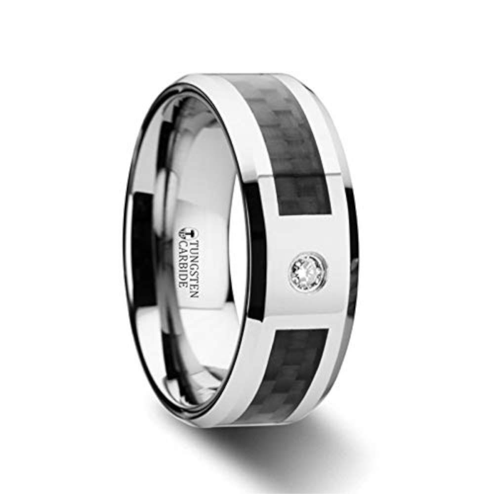 Premium Tungsten Carbide Wedding Band for Men - Black Carbon Fiber Inlay with White Diamond Beveled Edges - 8mm Comfort Fit Ring - Durable & Scratch Resistant - Perfect for Anniversary, Engagement & Everyday Wear