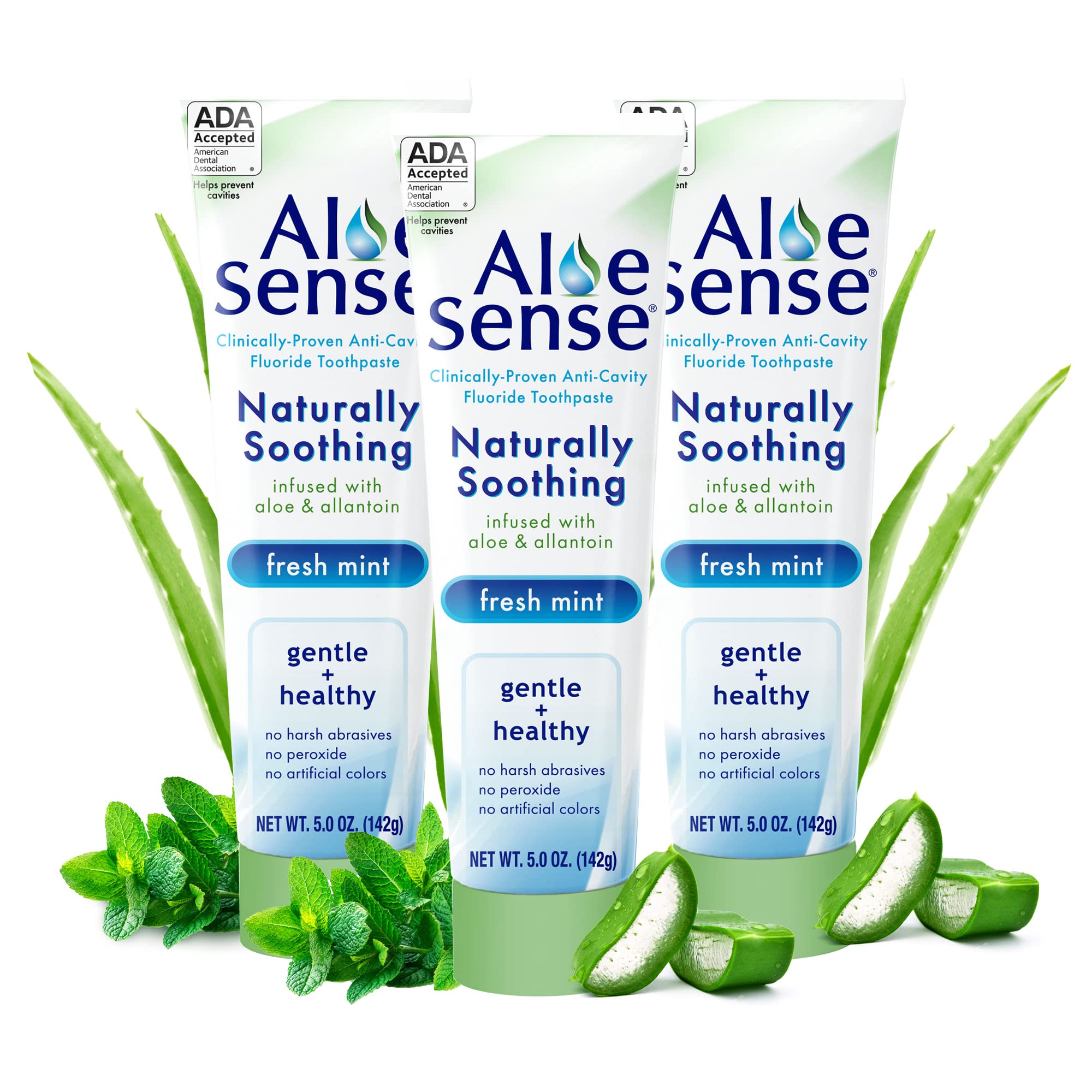 **Fluoride Toothpaste for Sensitive Teeth & Gum Care - Natural Aloe Vera & Mint Flavor, ADA Approved (5 oz, 3 Pack) | Gentle Whitening & Fresh Breath for Daily Oral Care**