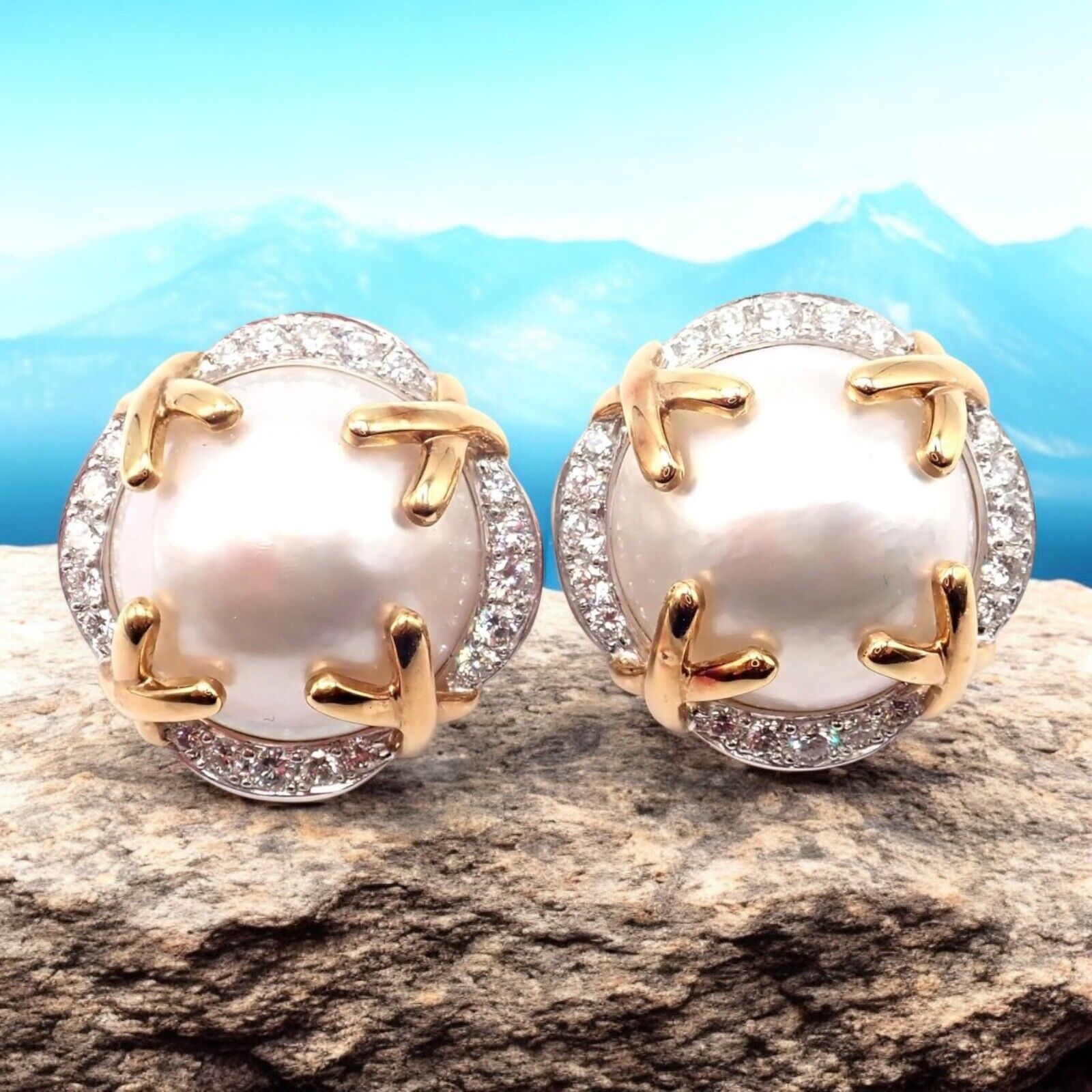 Authentic Vintage Verdura 18k Yellow Gold Mabe Pearl Diamond Large Earrings - Luxury Statement Jewelry for Weddings & Special Occasions