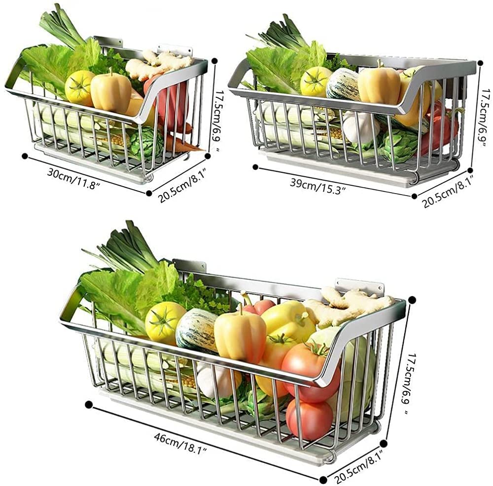 Stainless Steel 1-Tier Wall Mounted Fruit and Vegetable Basket - Drained Kitchen Storage Rack for Fruits, Veggies, Sponges - Perfect for Small Kitchens, Bathrooms & Pantries (Large, Silver)