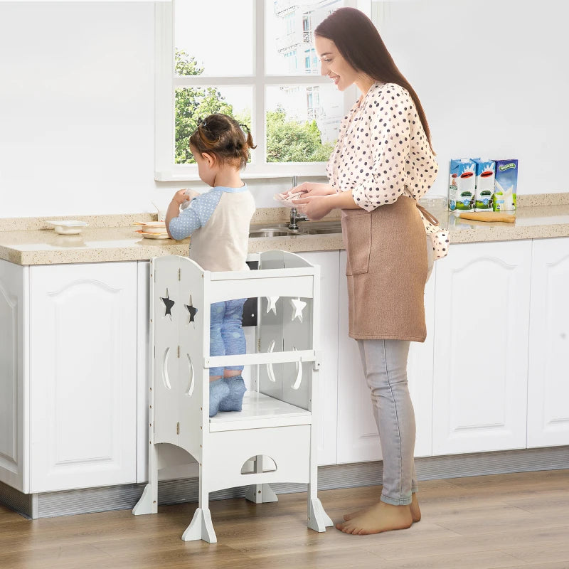 Qaba Foldable Kitchen Step Stool for Kids - Adjustable Learning Tower & Toddler Helper for Cooking, Baking & Counter Access - Perfect for Home & Montessori Classrooms