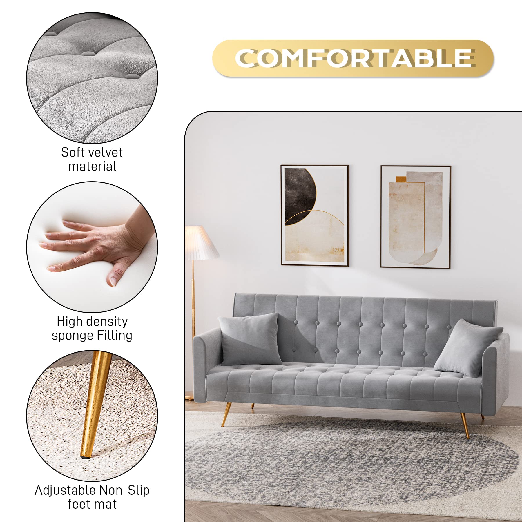 OUYESSIR 71-inch Velvet Convertible Futon Sofa Bed with 2 Pillows - Sturdy Sleeper Couch for Small Spaces, Grey | Perfect for Guest Rooms, Apartments & Dorm Rooms
