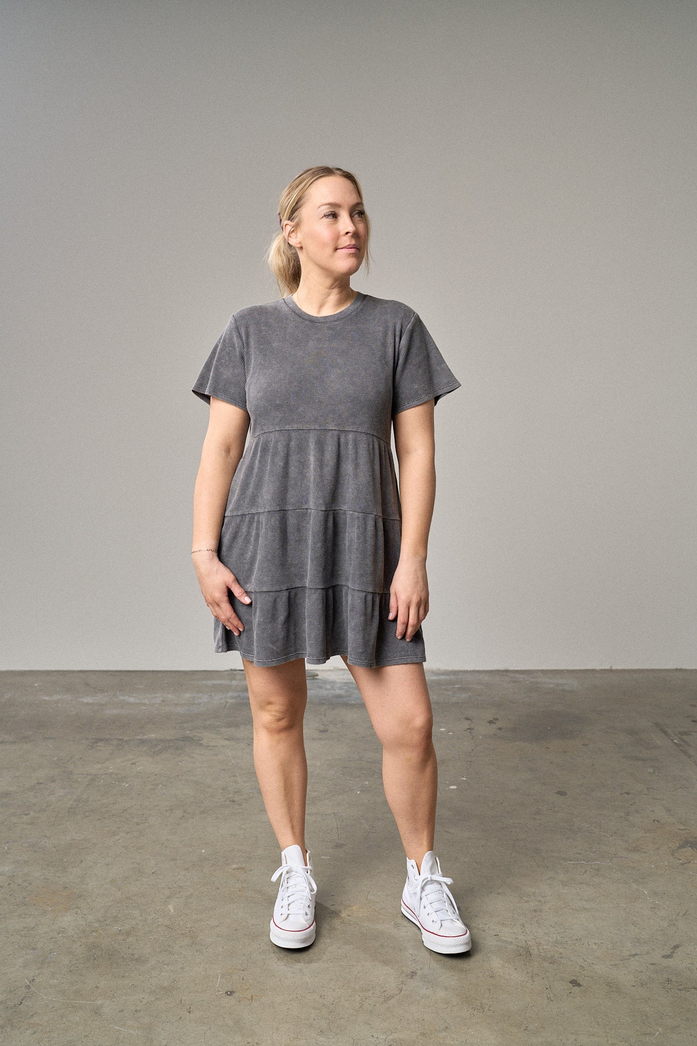 Women's Black Acid Wash Waffle Dress - Stylish Vintage-Inspired Outfit for Casual Wear, Date Night & Summer Fashion