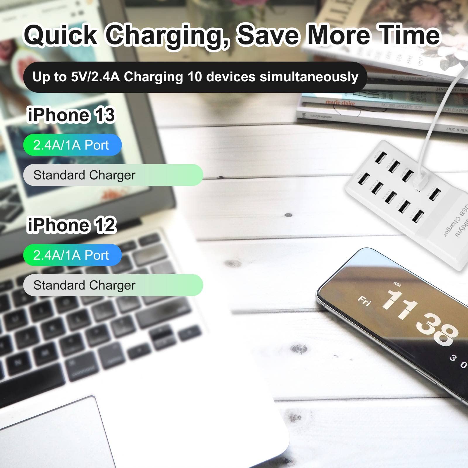 10-Port USB Charger Station - Fast Charging Hub for Multiple Devices - Smart USB Power Strip for Phones, Tablets, Smartwatches & More - White - Perfect for Home, Office & Travel Use