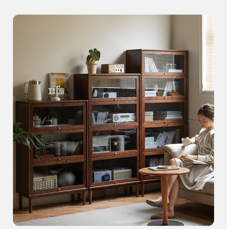 Solid Black Walnut & Oak Wood Glass Flip Door Bookcase - Modern Side Cabinet for Living Room, Office & Bedroom Storage