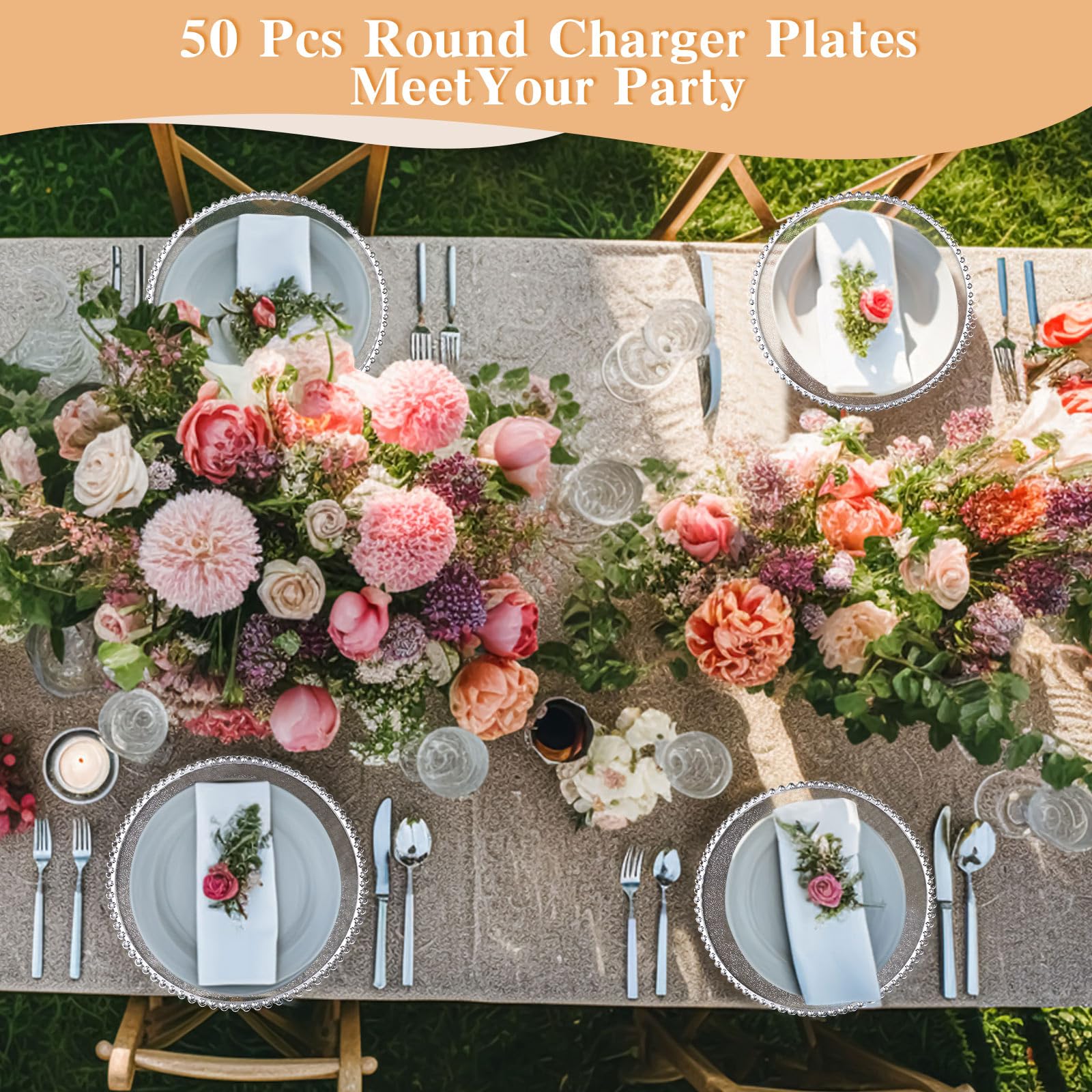 Hoolerry 50 Pack 13 Inch Clear Plastic Charger Plates - Round Beaded Acrylic Frosted Grain Decorative Dinner Plates for Wedding, Party, Event - Bulk Disposable Tableware for Home Kitchen & Tabletop (Silver) | Elegant Place Settings for Formal Dining & Special Occasions