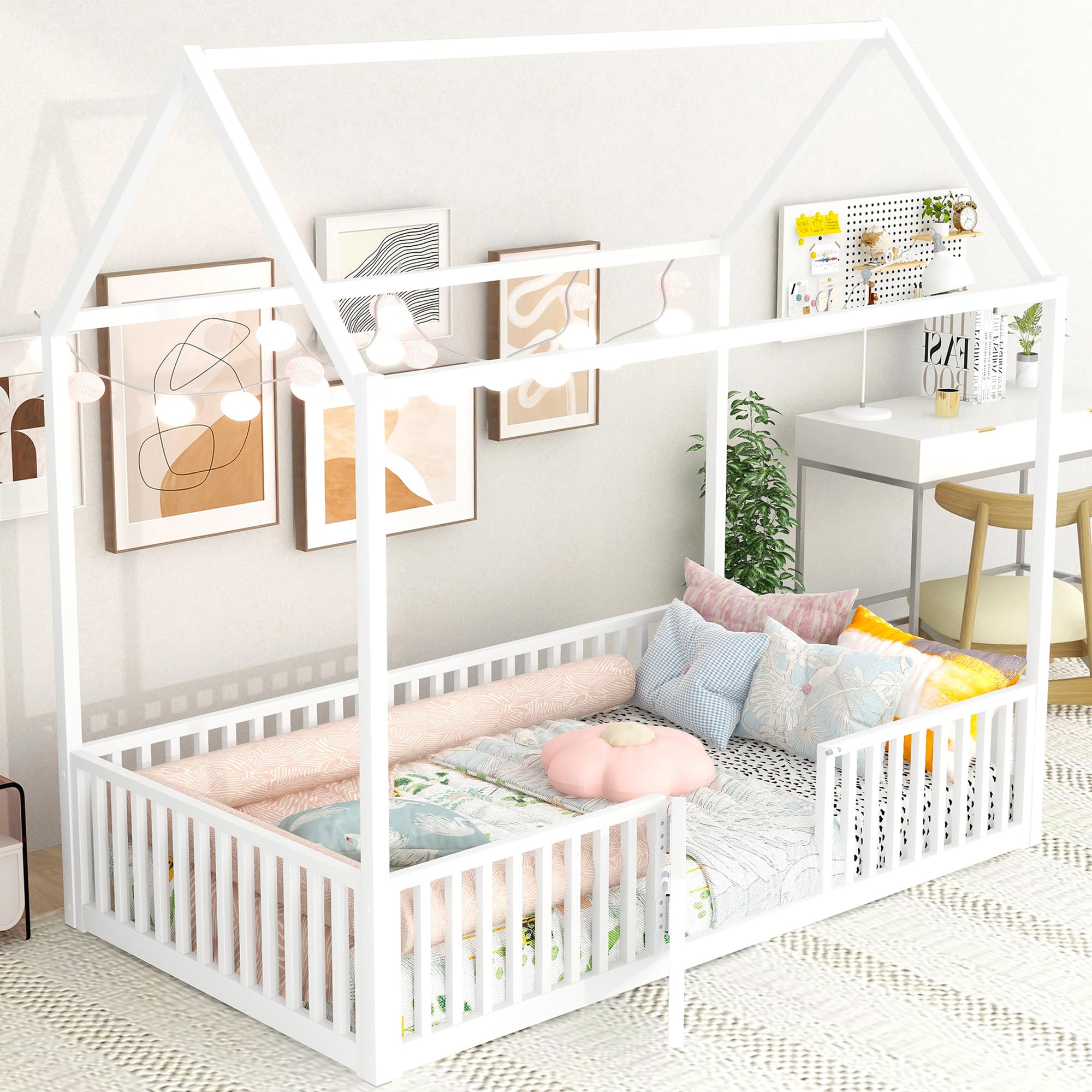 Bellemave Twin Floor Bed with Door and Fence - Montessori Kids Bed with Roof for Girls & Boys in White - Perfect for Toddler Rooms, Playrooms & Montessori Bedrooms