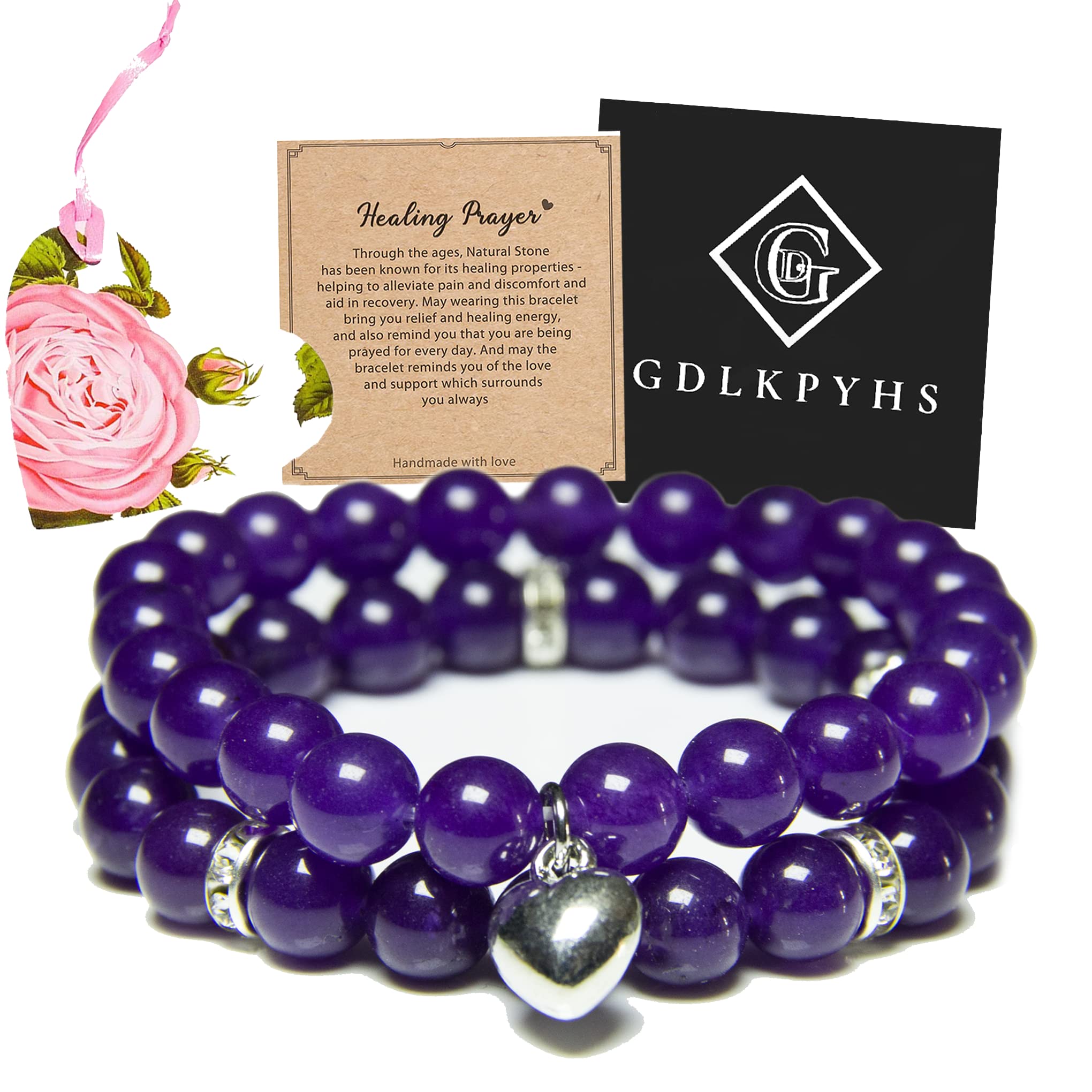 Amethyst Healing Bracelet for Women - 8mm Natural Stone Stress Relief Yoga Beads with Healing Prayers - Perfect Get Well Soon Gift for Meditation, Yoga & Spiritual Wellness