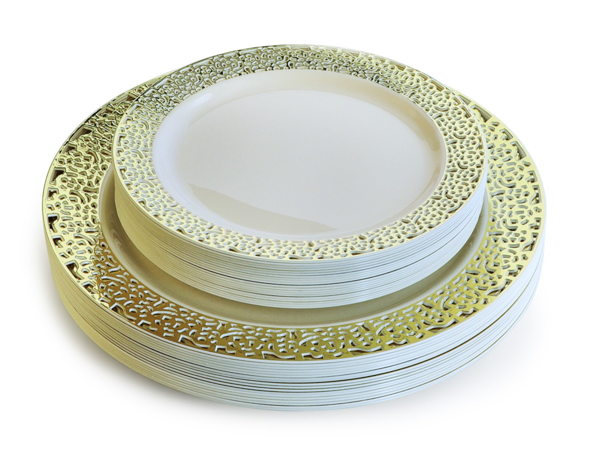 240-Pack Heavyweight Disposable Plastic Plates for Weddings & Parties - 7.5'' Appetizer/Dessert Plates in Elegant Ivory & Gold Florence Design | Perfect for Bridal Showers, Birthday Celebrations & Catering Events