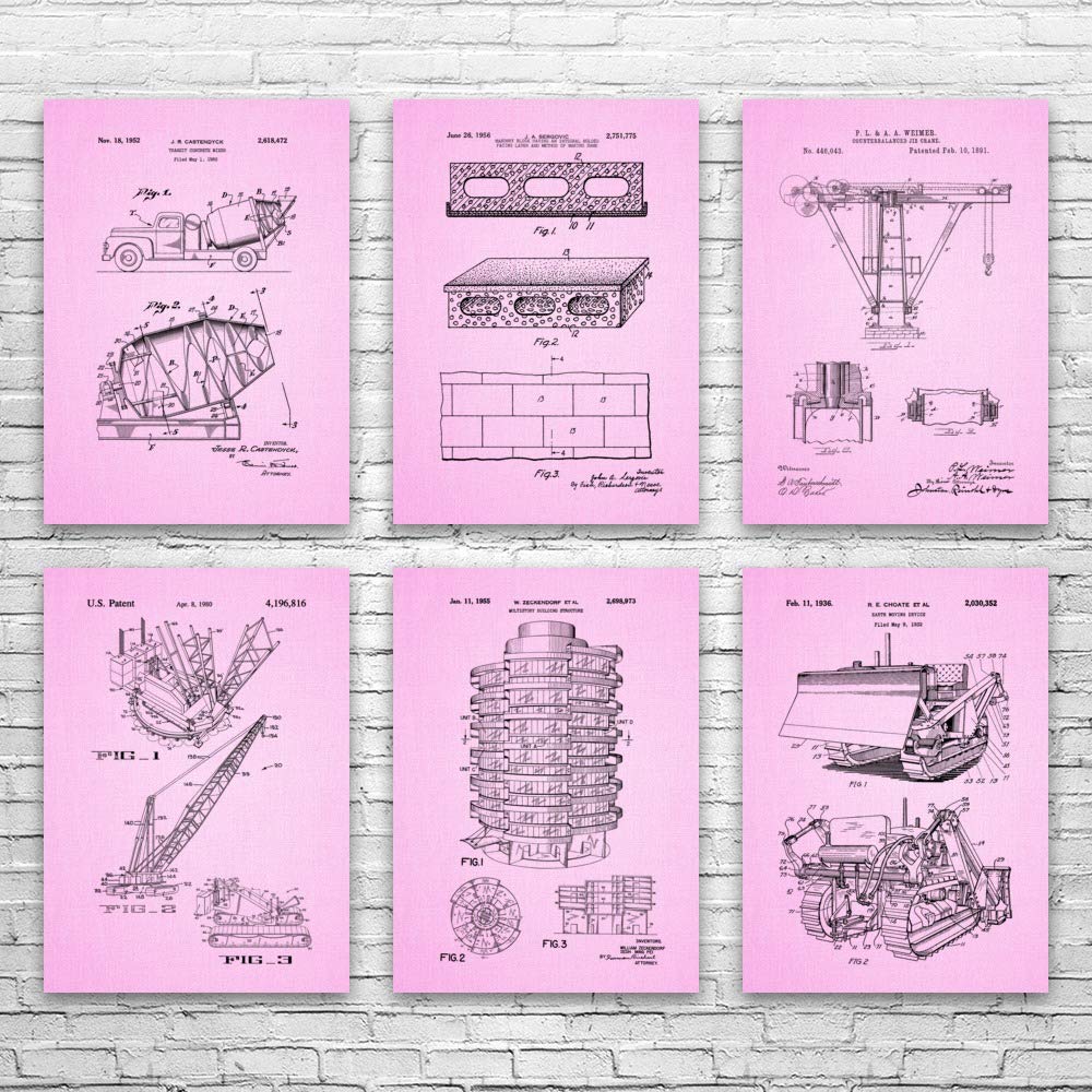 Set of 6 Construction Blueprint Posters - 18x24 Inch Earth Building Patent Art, Perfect Gift for Contractors & Construction Workers - Ideal for Workshop Wall Decor & Office Inspiration