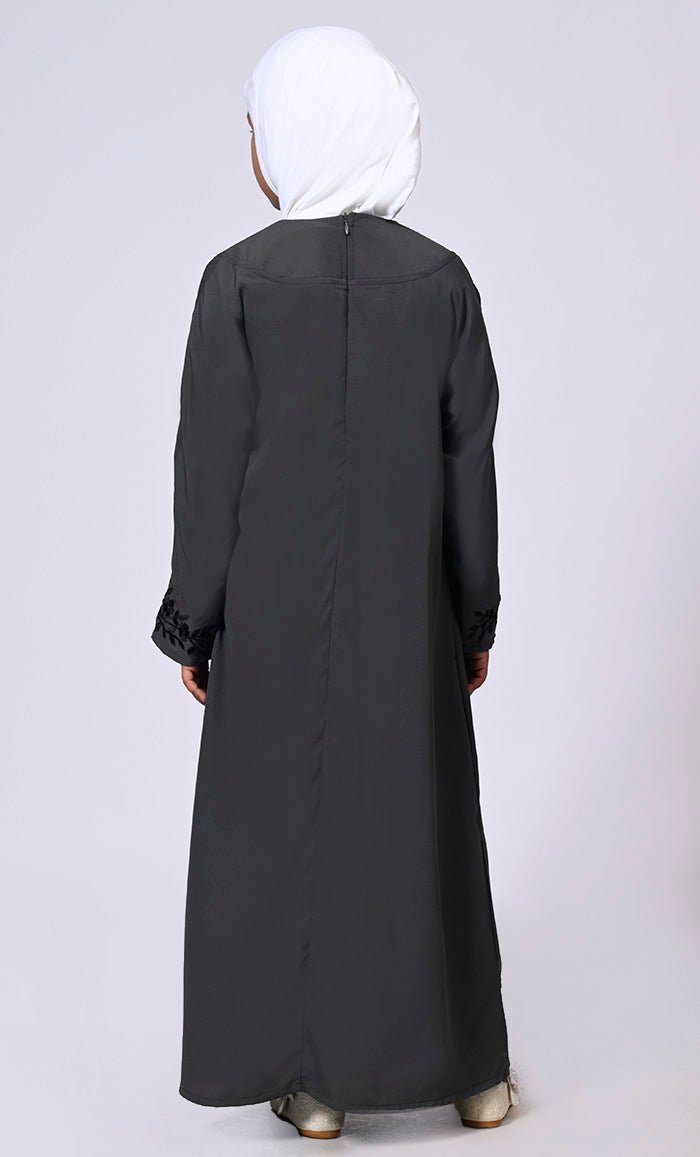 Elegant Grey Double-Layered Embroidered Abaya Dress for Girls with Adjustable Belt - Perfect for Eid, Ramadan, and Special Occasions