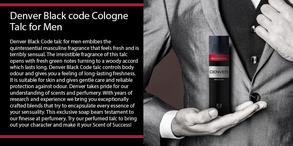 DENVER Black Code Premium Body Talc - 100Gm (Pack of 3) | Scented Talcum Powder for Men & Women | Fresh Fragrance, Smooth Skin | Ideal for Gym, Travel & Daily Use