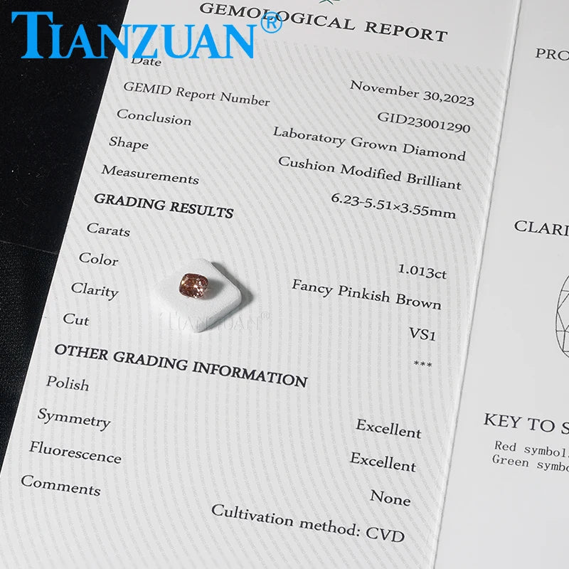 1CT Lab Grown Cushion Cut CVD Diamond - VS1 Clarity, 2EX Cut, Fancy Pinkish Brown Color, GEMID Certified Loose Gemstone for Engagement Rings & Jewelry Making
