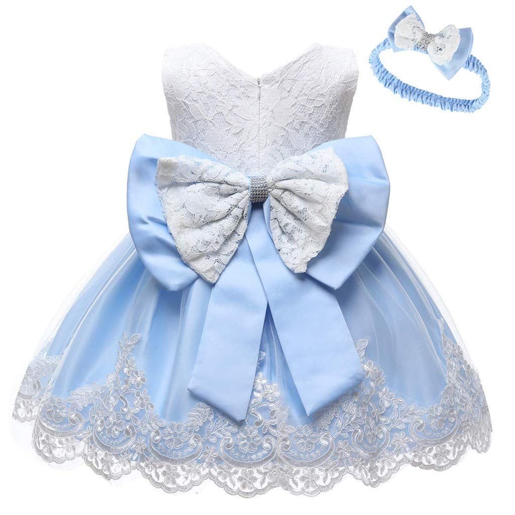 Baby Girls' Flower Pageant Formal Dress - Tulle Lace Bowknot Baptism & Birthday Gown with Headwear - Perfect for Christening, First Communion, and Special Occasions