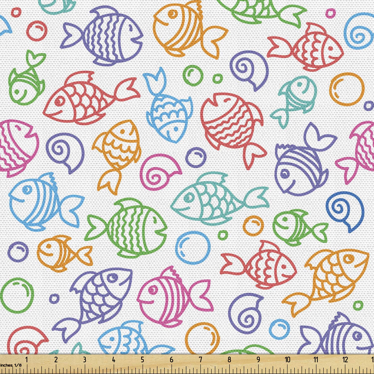 Ambesonne Colorful Doodle Fish Fabric by The Yard - Happy Faces & Bubbles Underwater Aquarium Print - 5 Yards Multicolor Upholstery Material for Sofa, Curtains, Pillows & Home Decor | Perfect for DIY Projects, Nursery Decor & Coastal Themed Rooms