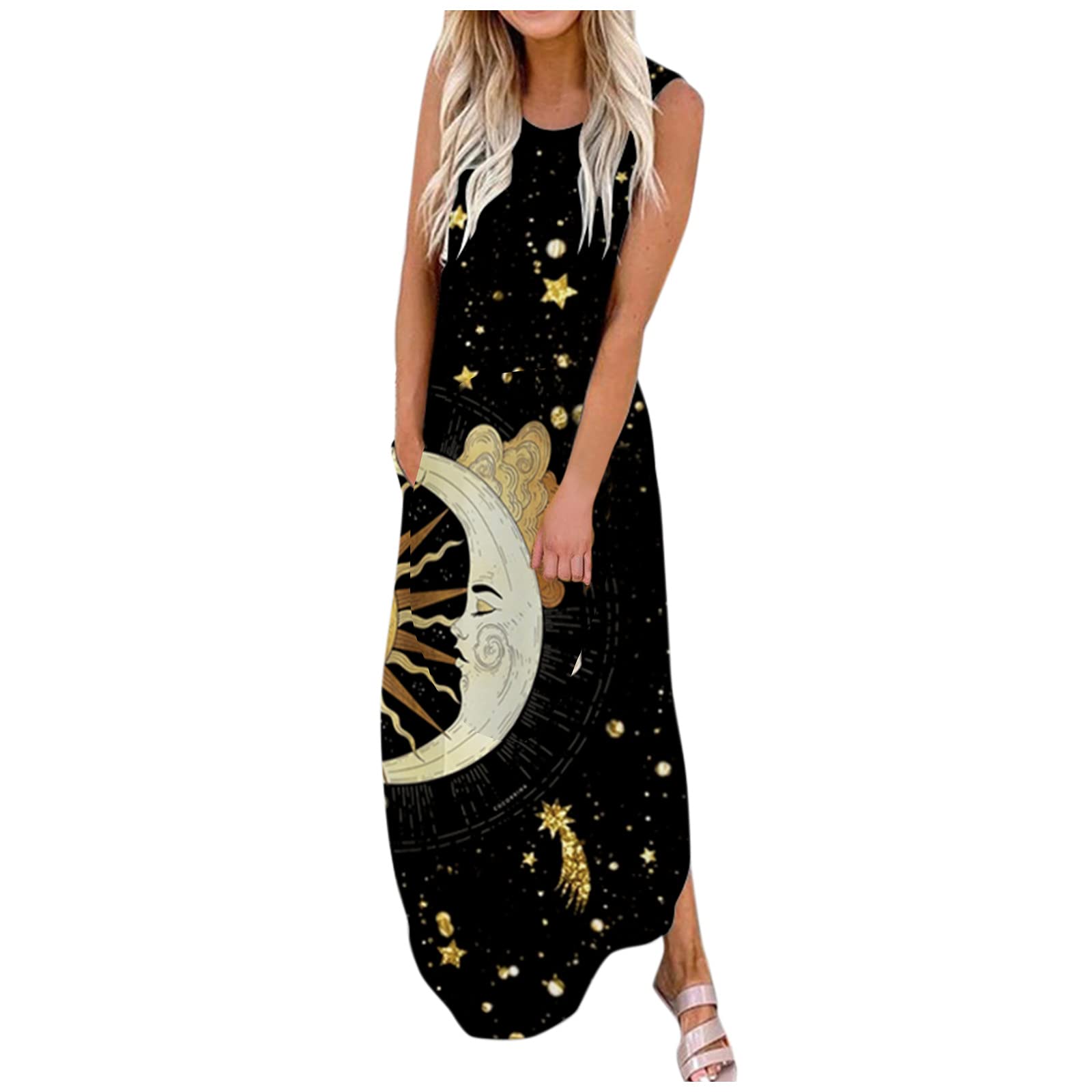 Women's Floral Print Maxi Dress - Sleeveless Casual Beach Dress with Pockets | Perfect for Summer Vacations, Beach Outings and Boho Style Fashion
