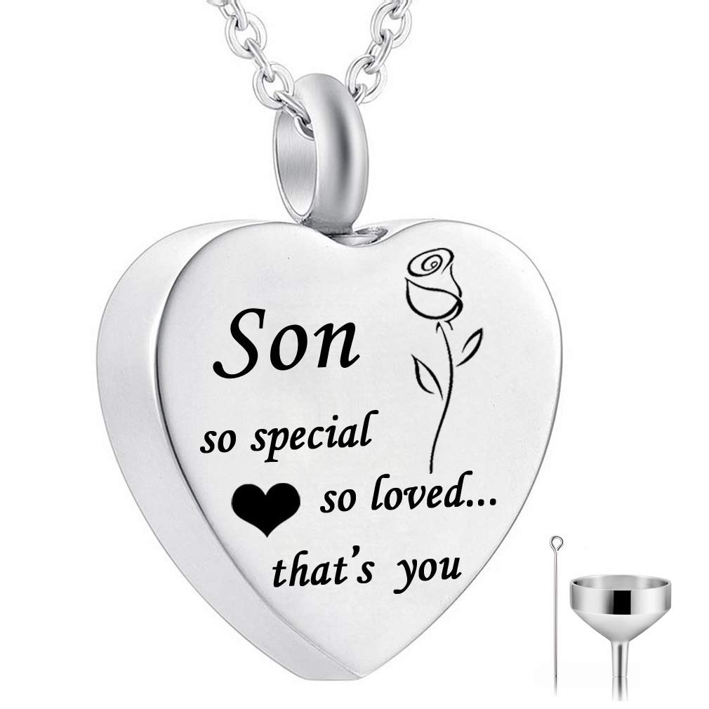 Memorial Cremation Jewelry Heart Urn Pendant Necklace with Rose Flower Design - Ash Keepsake for Loved Ones (Son) - Perfect for Funeral, Remembrance & Special Occasions