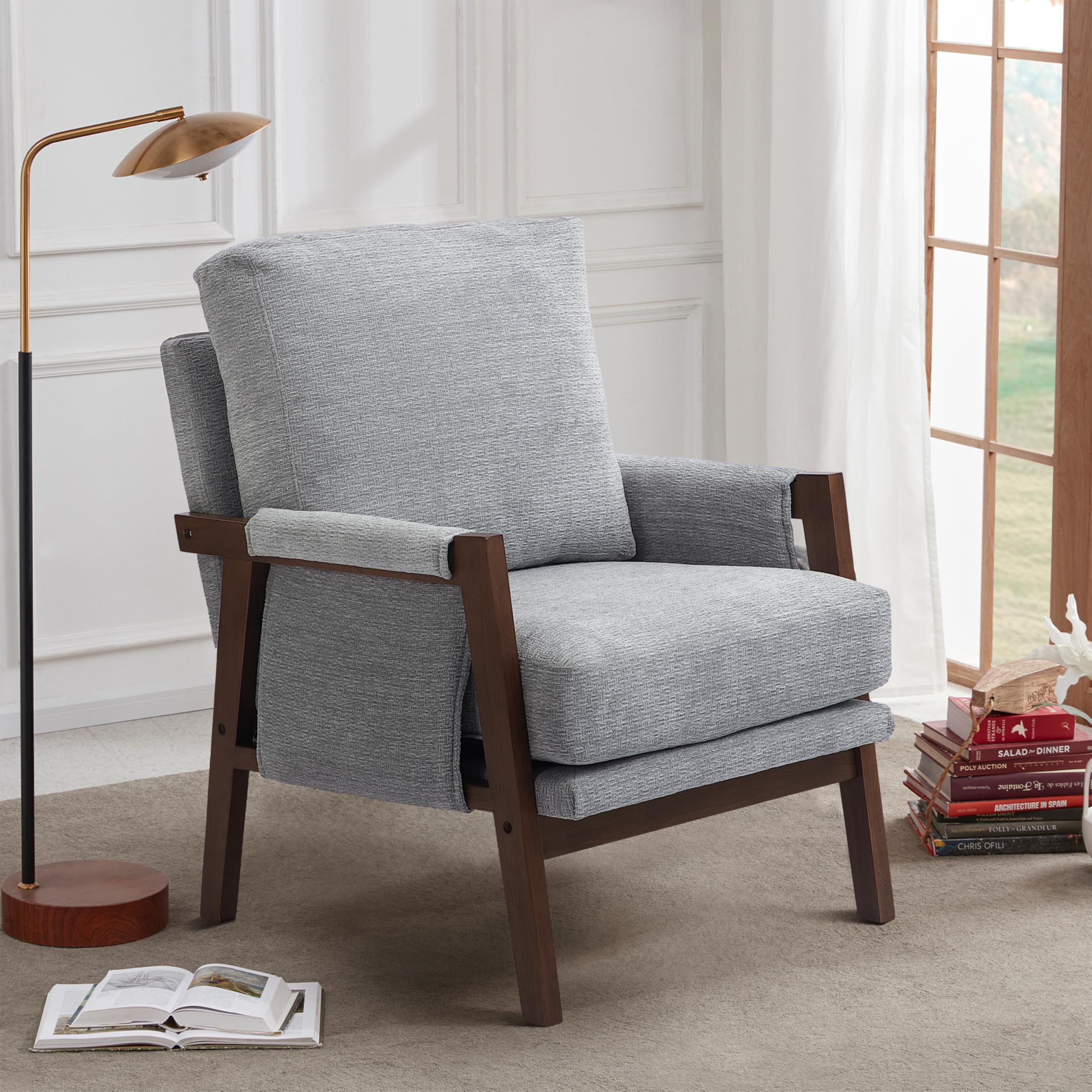 Mid Century Modern Accent Chair - Upholstered Armchair for Living Room & Bedroom - Solid Wood Frame Lounge Chair in Grey - Perfect for Reading Nook, Home Office or Cozy Corner